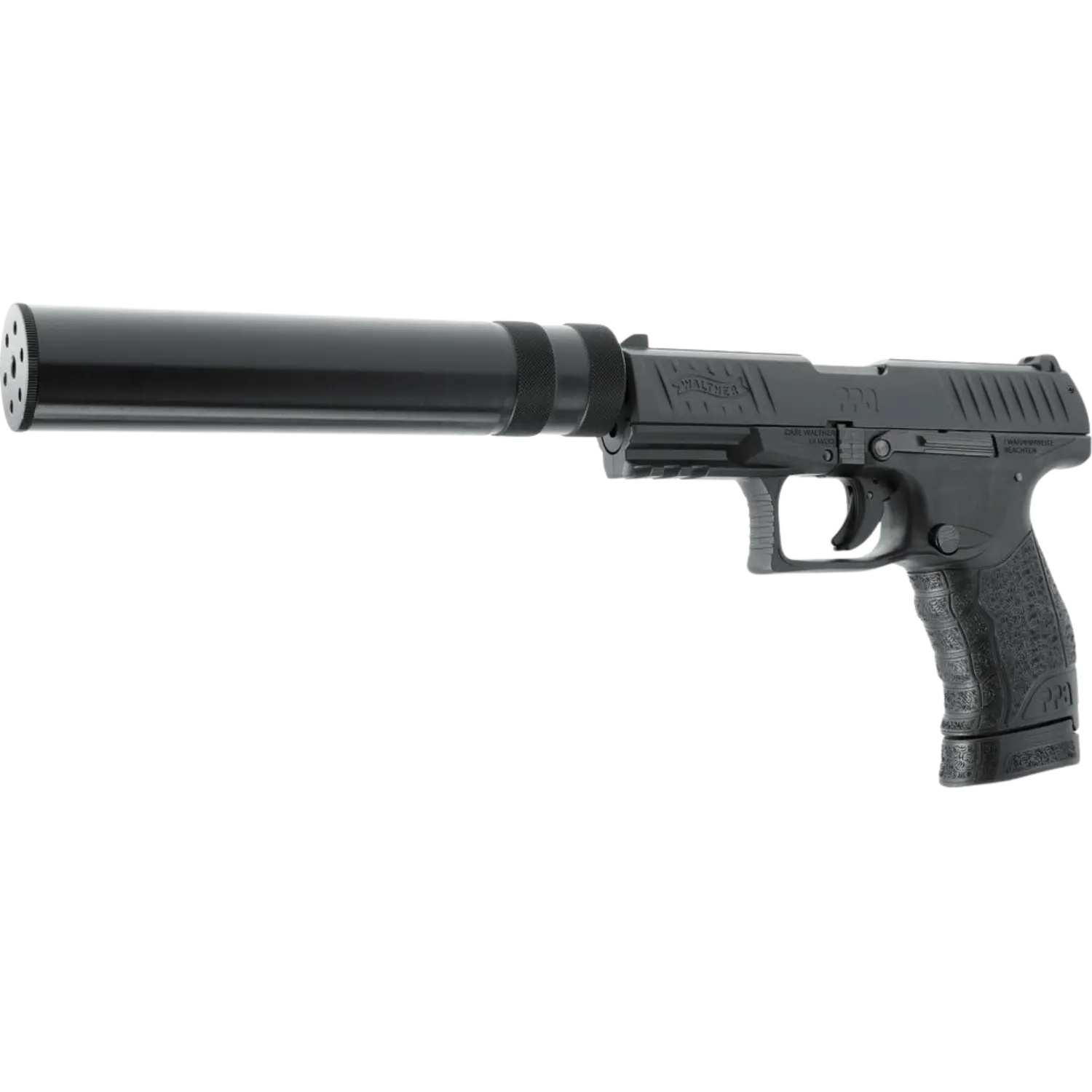 Walther PPQ M2 Navy Kit Schreckschusswaffe 9mm brüniert Walther PPQ M2 Navy Kit, schwarze Pistole mit einem langen, schwarzen Schalldämpfer, Griff mit strukturiertem Muster.