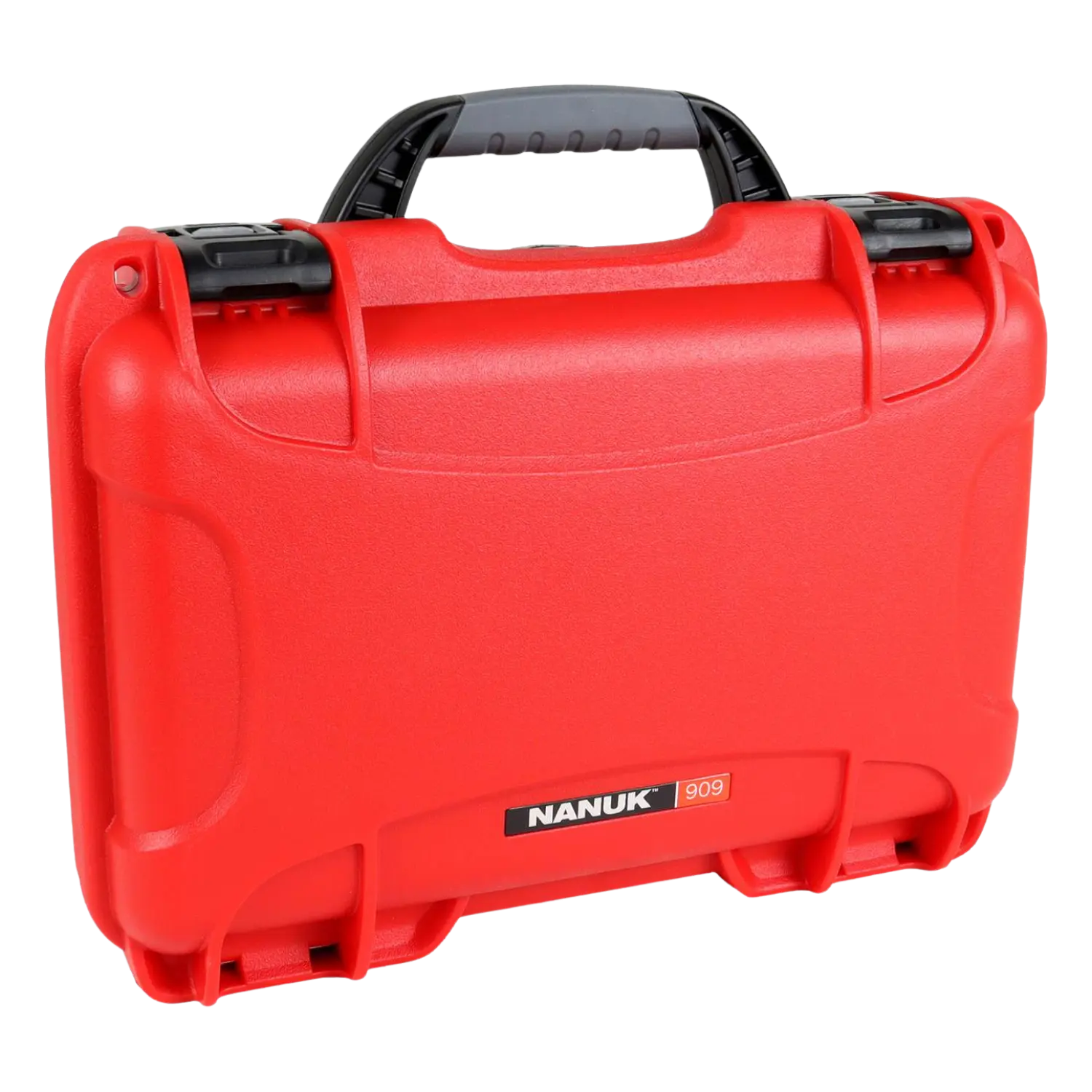 Roter Hartschalenkoffer mit schwarzem Griff, Modell 'NANUK 909', rechteckige Form, robuste Oberfläche.