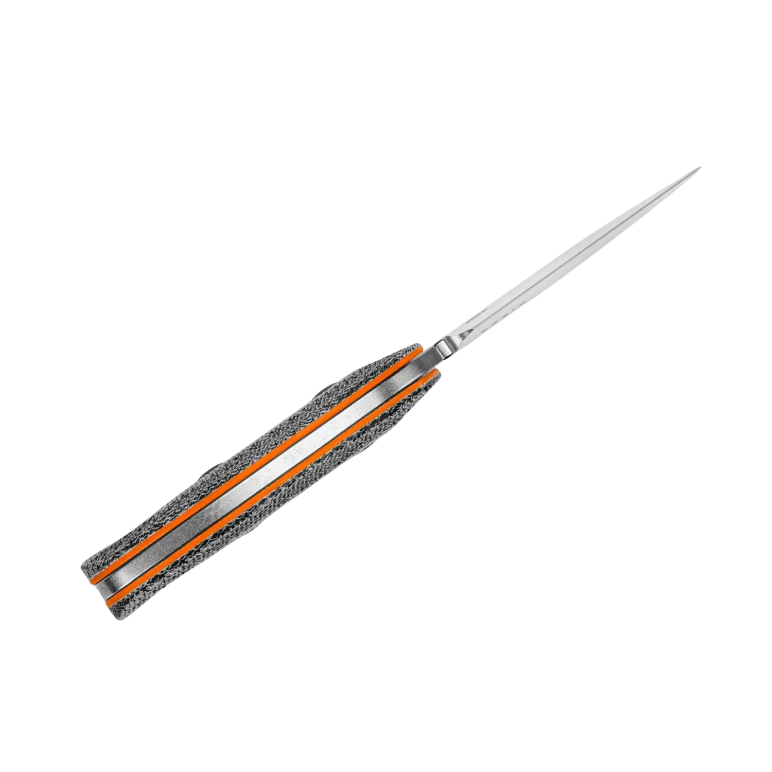 Kizer Beaver Nitro-V Taschenmesser mit schwarzem Micarta-Griff, orangefarbenen G10-Einlagen und schmaler, spitzer Klinge aus Edelstahl.