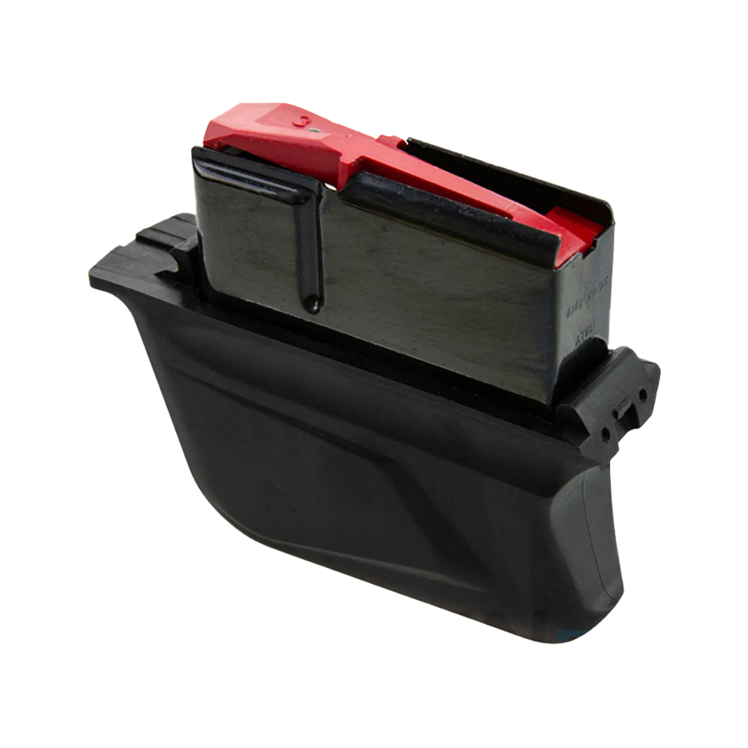 Schwarzes Magazin mit rotem Verschluss, rechteckig, aus Metall und Kunststoff, mit Griffverlängerung unten