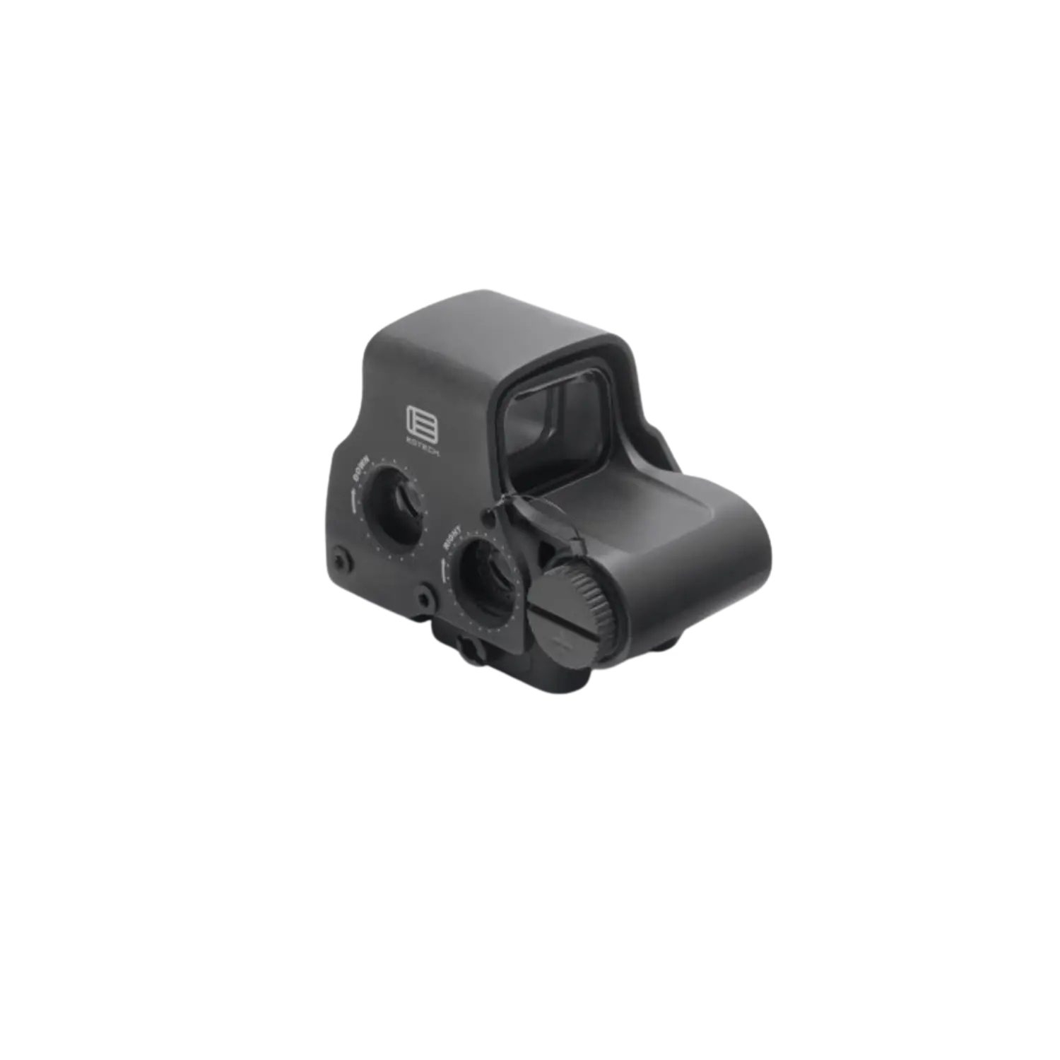 Schwarzes Eotech EXPS3-2 Reflexvisier mit zwei Einstellrädern und rechteckigem Sichtfenster.
