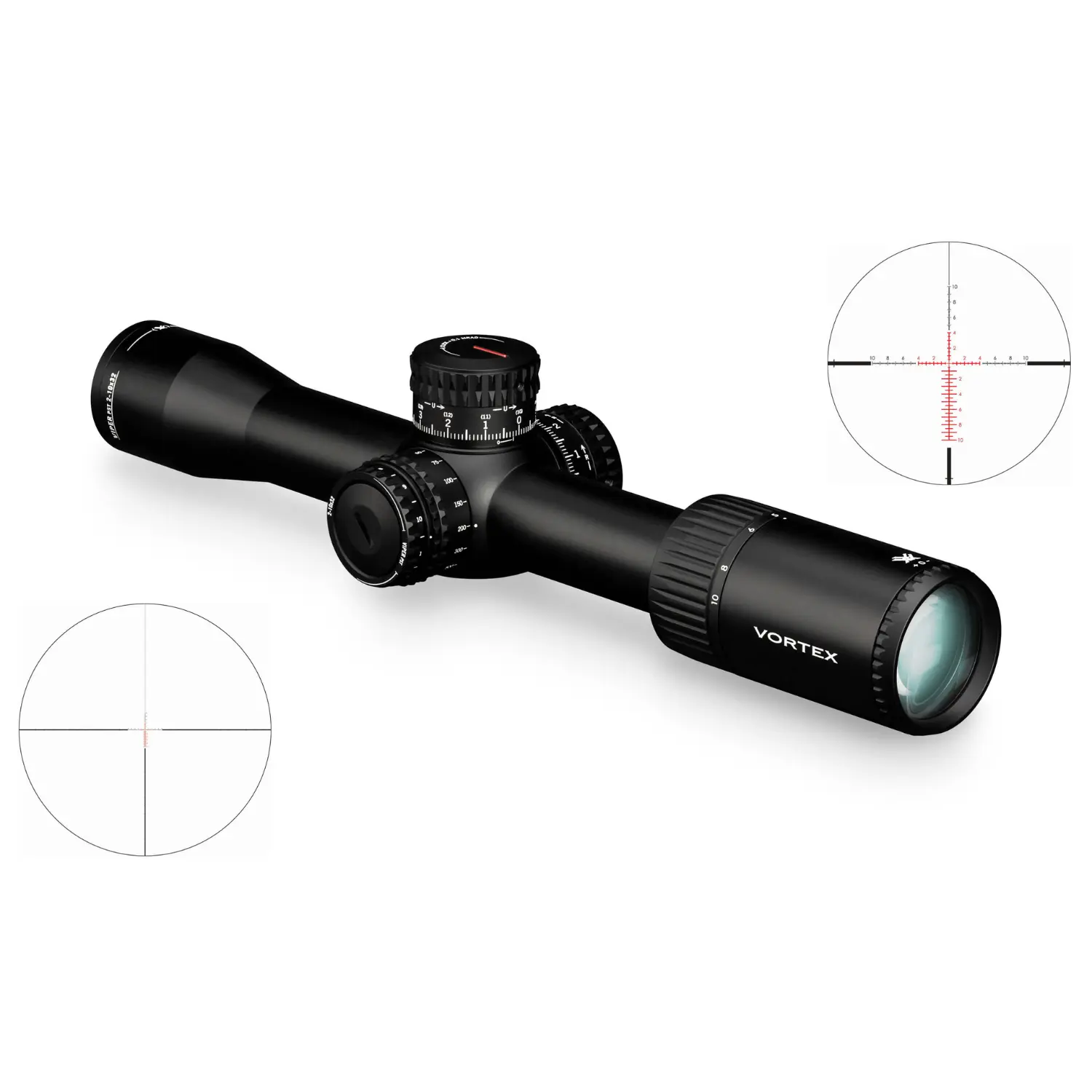 Schwarzes Vortex Zielfernrohr Viper PST Gen II 2-10x32 FFP MRAD mit Einstelltürmen und zwei Detailansichten des Fadenkreuzes mit MRAD-Skala.