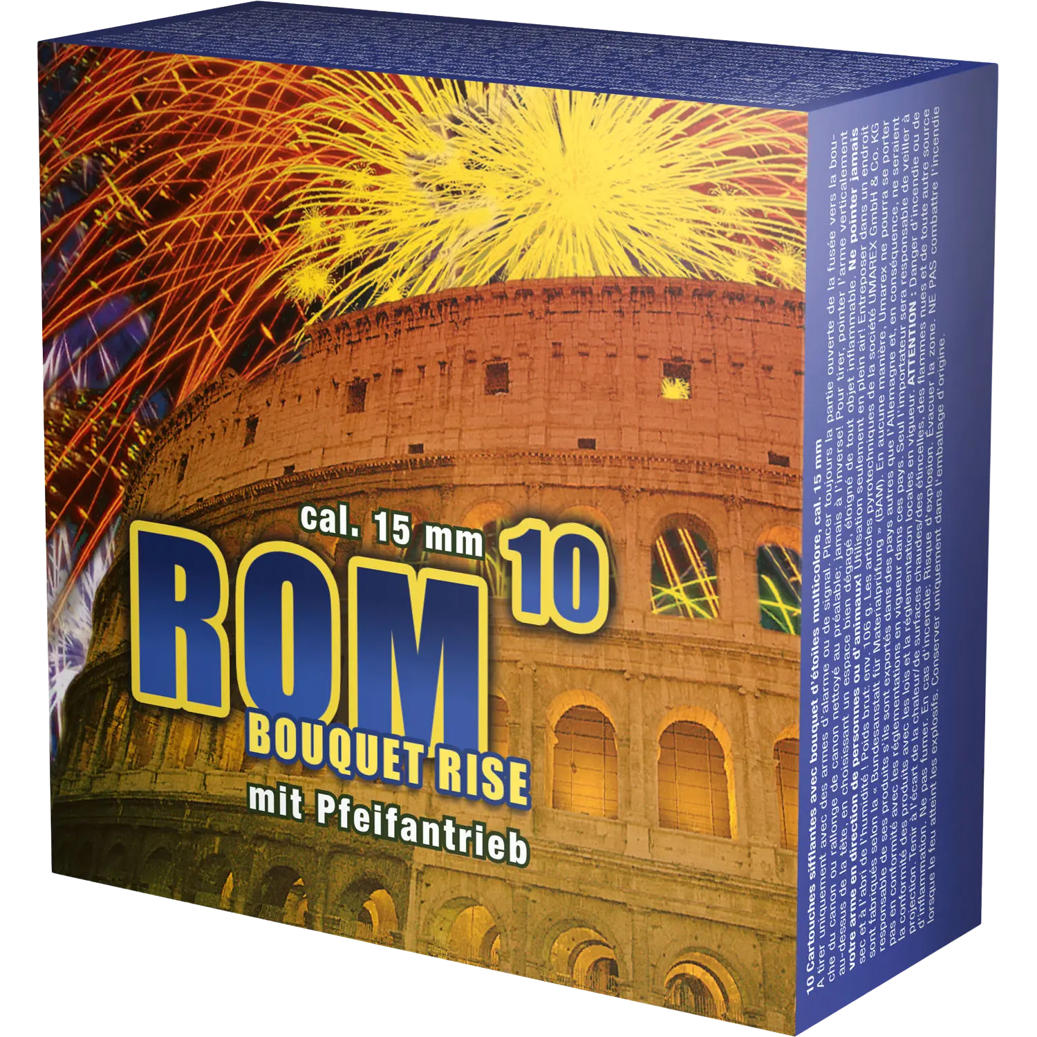 Verpackung mit Abbildung des Kolosseums und gelben sowie roten Feuerwerkskörpern, Text 'Cal. 15 mm ROM 10 BOUQUET RISE mit Pfeifantrieb'.