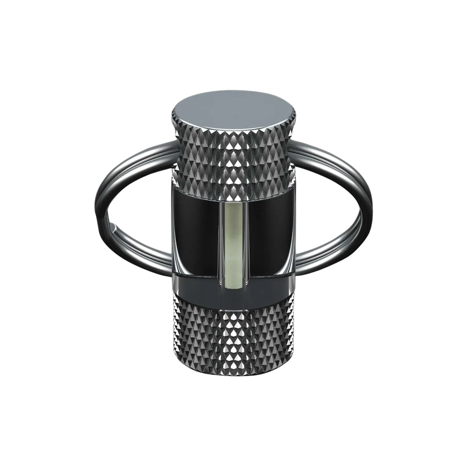 Metallischer Mini Glow Marker mit geriffelter Oberfläche und zwei seitlichen Bügeln, zylindrisch geformt.