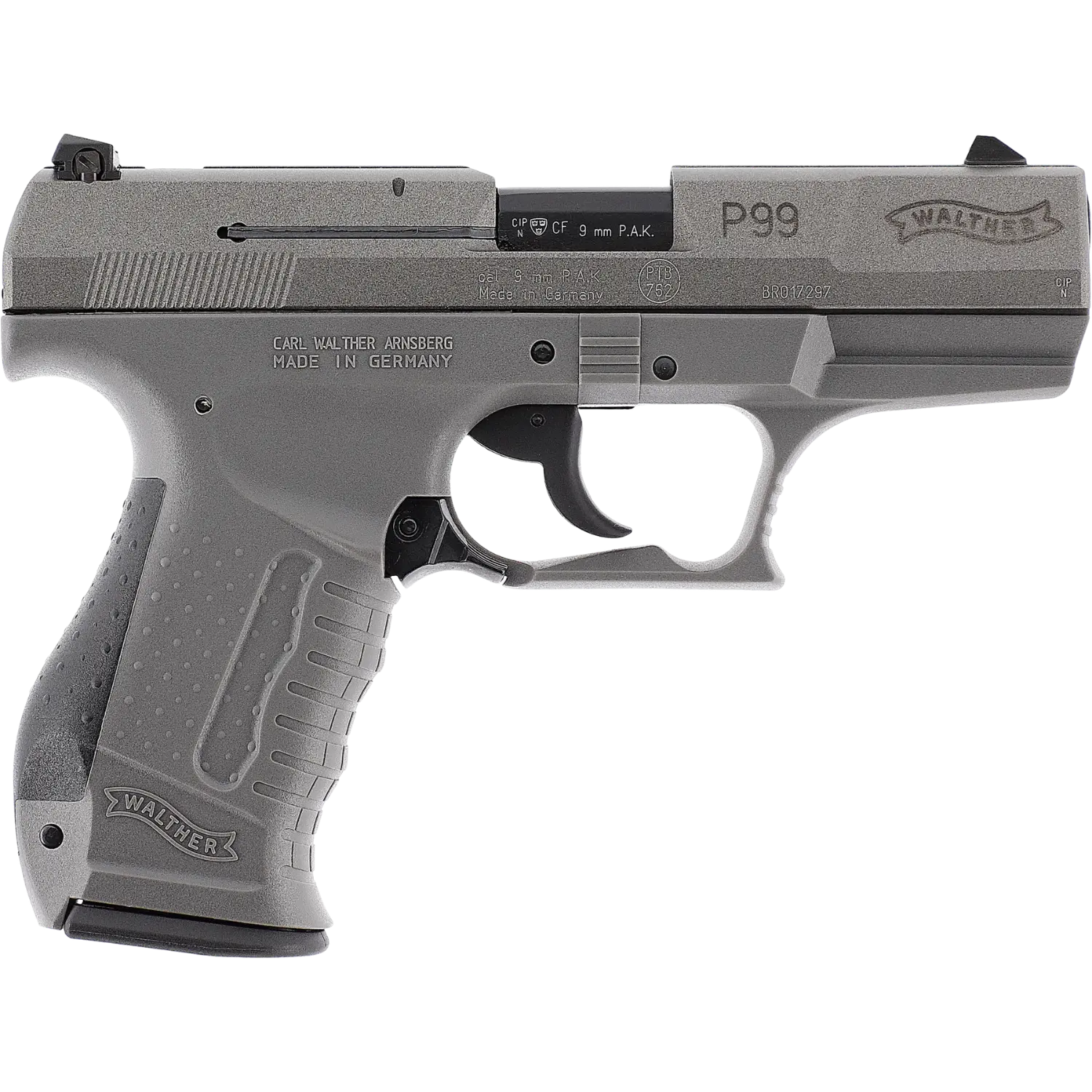 Graue Walther P99 SV Schreckschusswaffe 9mm mit Stahlverschluss, Seitenansicht von rechts, Griff mit Walther-Logo, Visierung sichtbar.