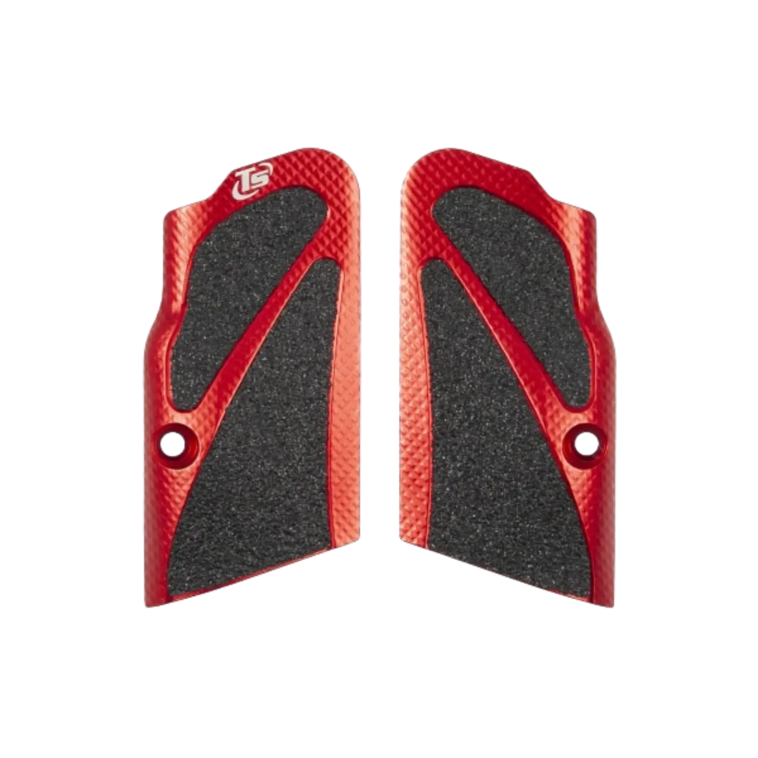 Zwei rote Griffschalen mit schwarzer, strukturierter Einlage und dem Logo "TS" oben links
