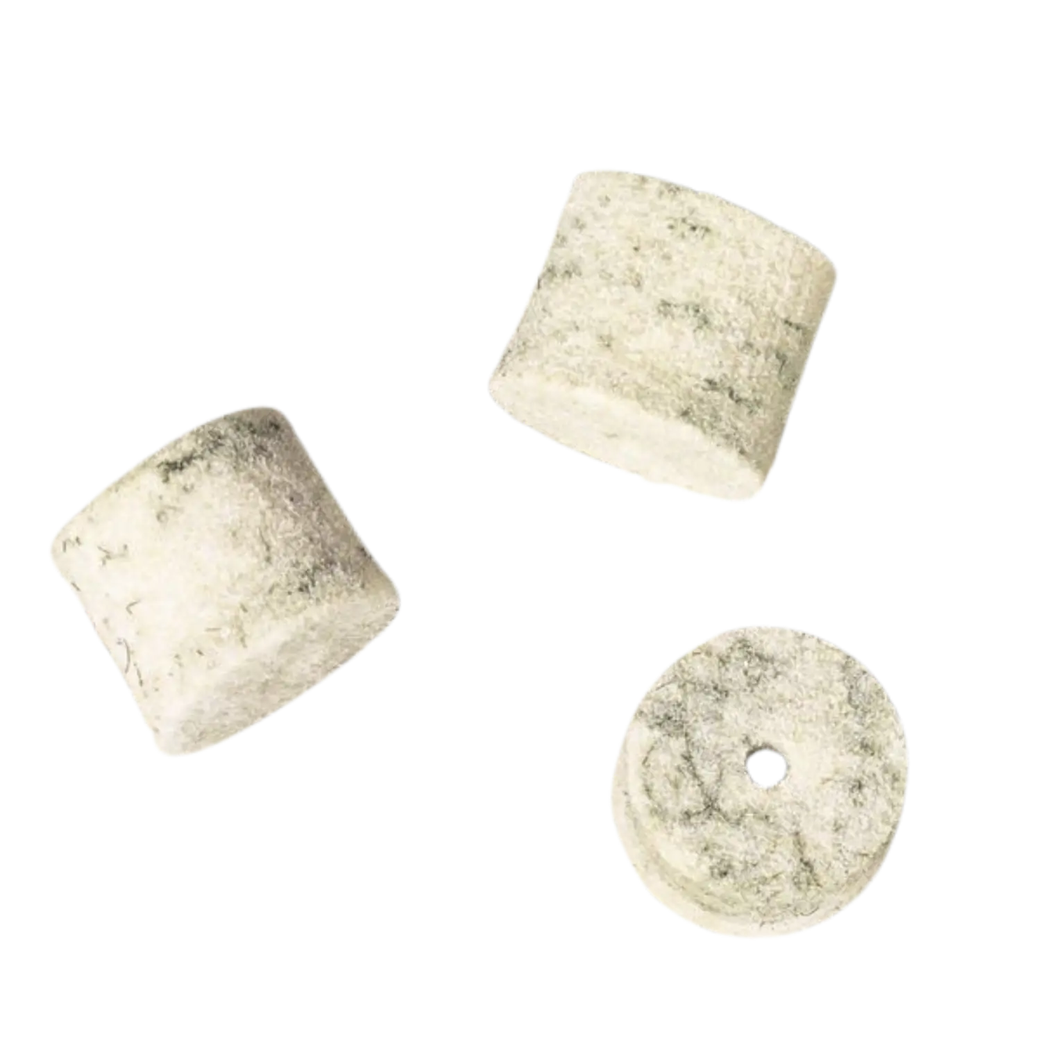 VFG Flinten-Filzreiniger Kal. 20 - 25 St. Drei zylindrische, weiß-graue Reinigungspads für Flinten, eines mit mittigem Loch.