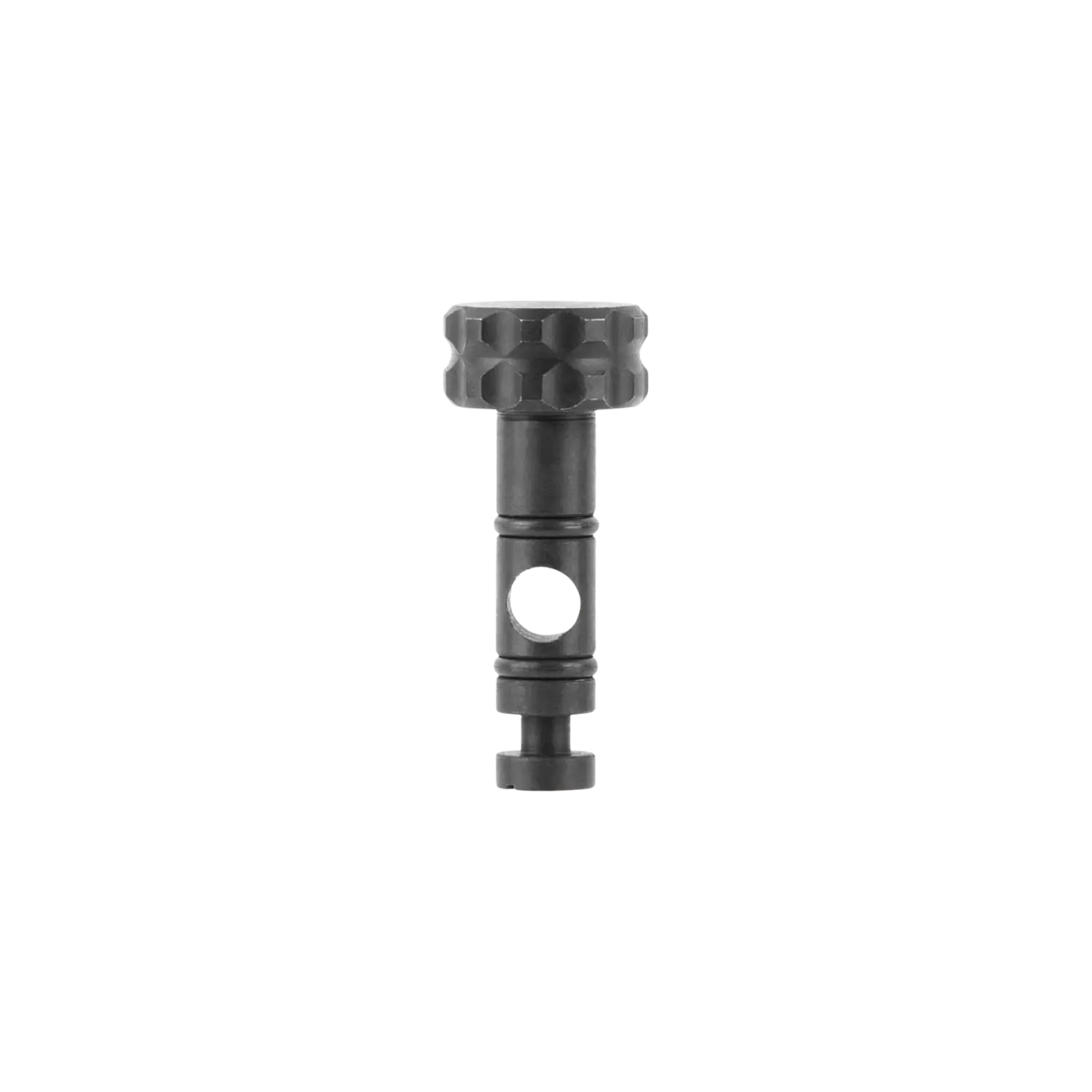 Schwarzes Metallteil mit geriffeltem Kopf, zylindrischem Schaft und einem Loch in der Mitte, Reximex Meta Plus Standard Transfer Port