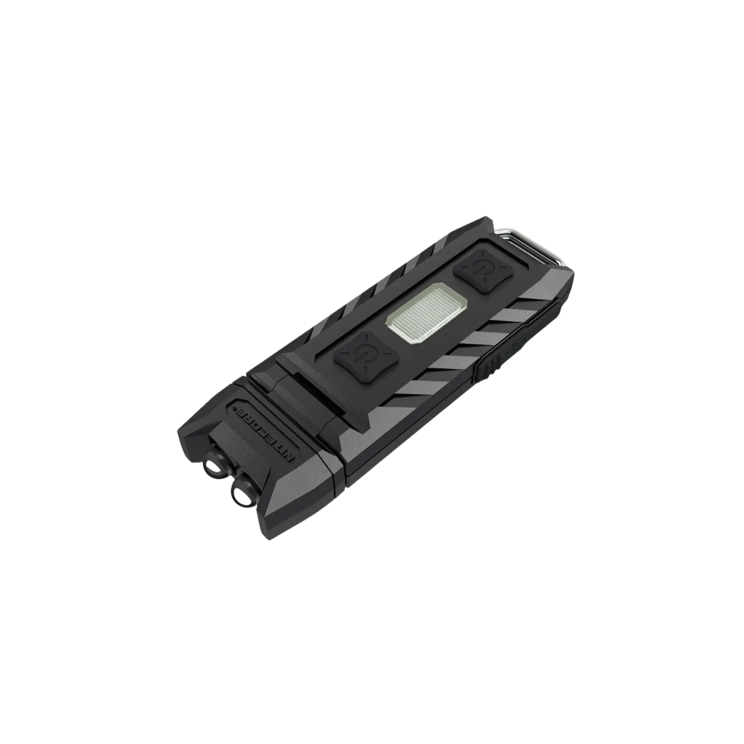 schwarze, rechteckige LED-Taschenlampe mit zwei Tasten und mittiger Lichtquelle