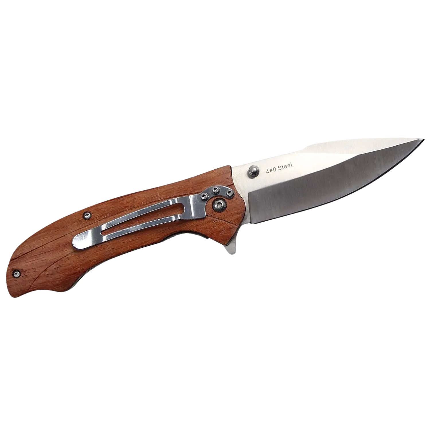 Klappmesser mit silberner Klinge und braunem Holzgriff, Klinge mit Logo 'MTech USA'