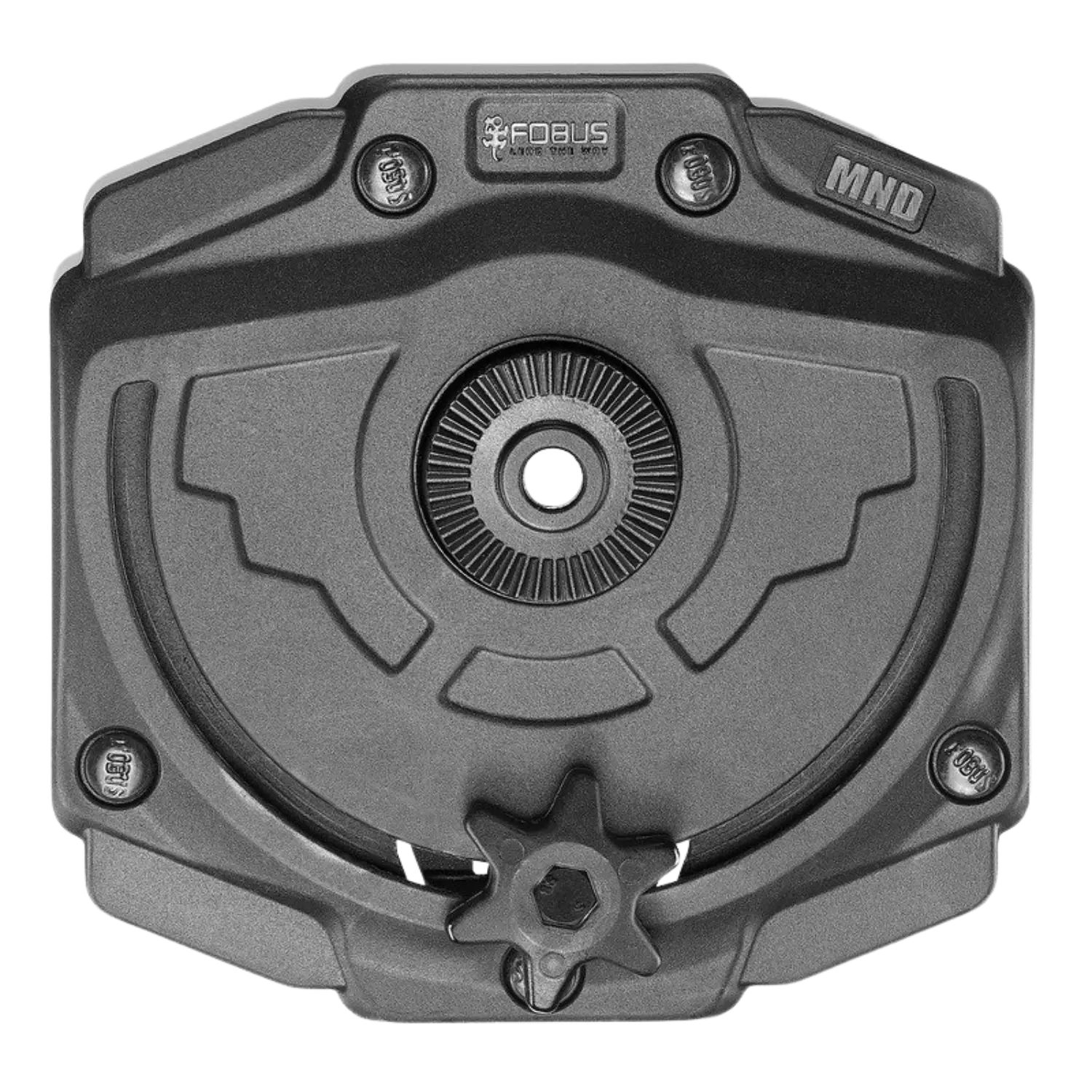 Schwarzes Forbus Holster mit runder, gezahnter Mittelschraube, vier Schrauben an den Ecken und dem Schriftzug 'MND' oben rechts.