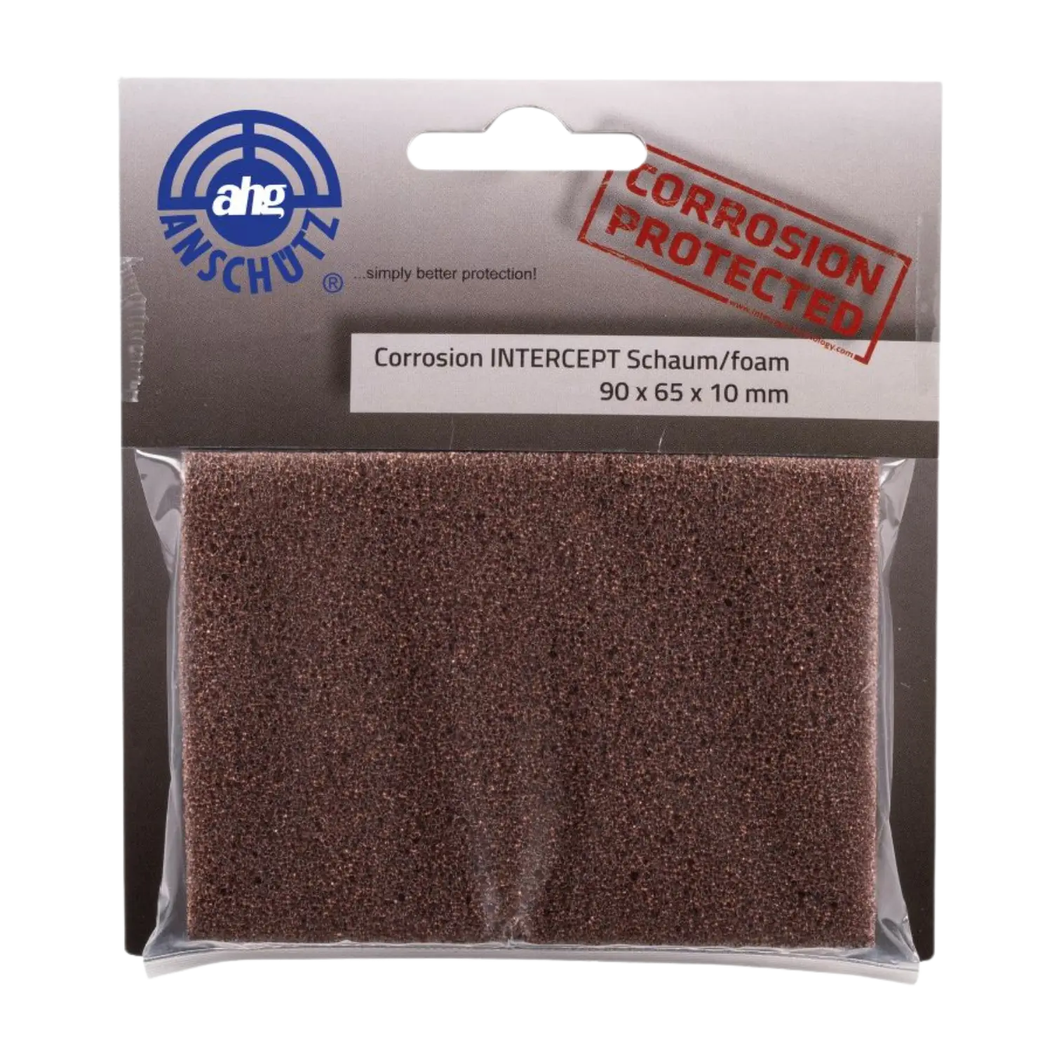 Brauner Korrosionsschutzschaum von ahg Anschütz, rechteckig, 90 x 65 x 10 mm, verpackt mit Aufdruck 'CORROSION PROTECTED'.