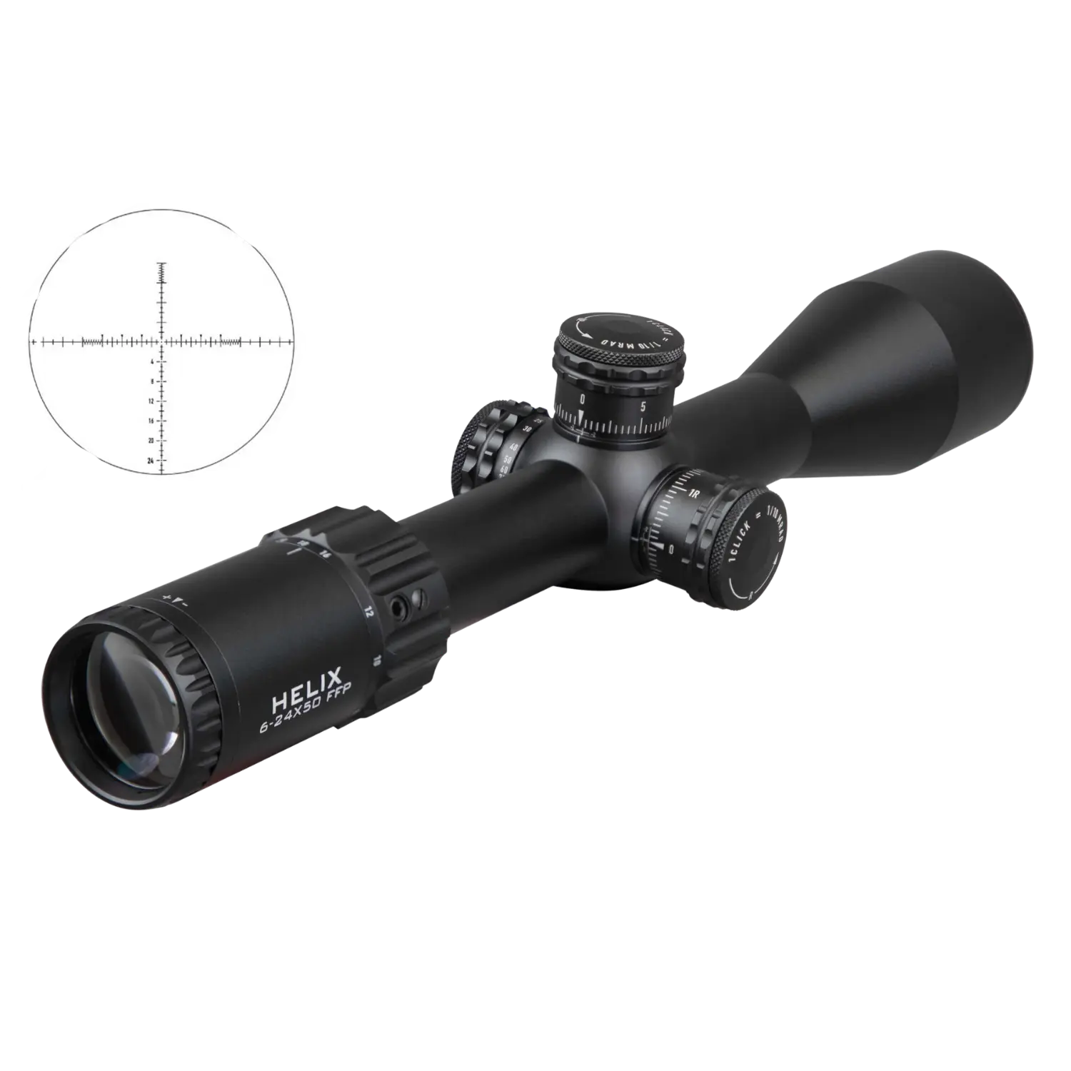 Schwarzes Zielfernrohr mit Einstelltürmen und beleuchtetem Absehen, Marke Helix, Modell 6-24x50 FFP.