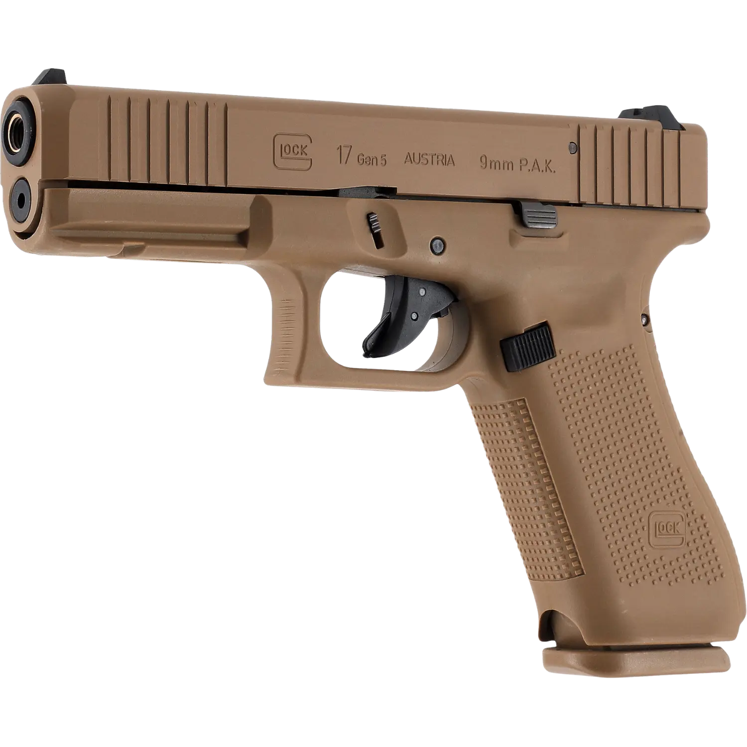 GLOCK 17 Gen5 SV 9mm P.A.K Double Set Coyote-Black GLOCK 17 Gen5 SV Pistole in Coyote-Farbe, halbautomatisch, mit sichtbaren Markierungen 'GLOCK', '17 Gen5', 'AUSTRIA', '9mm P.A.K.' auf dem Schlitten