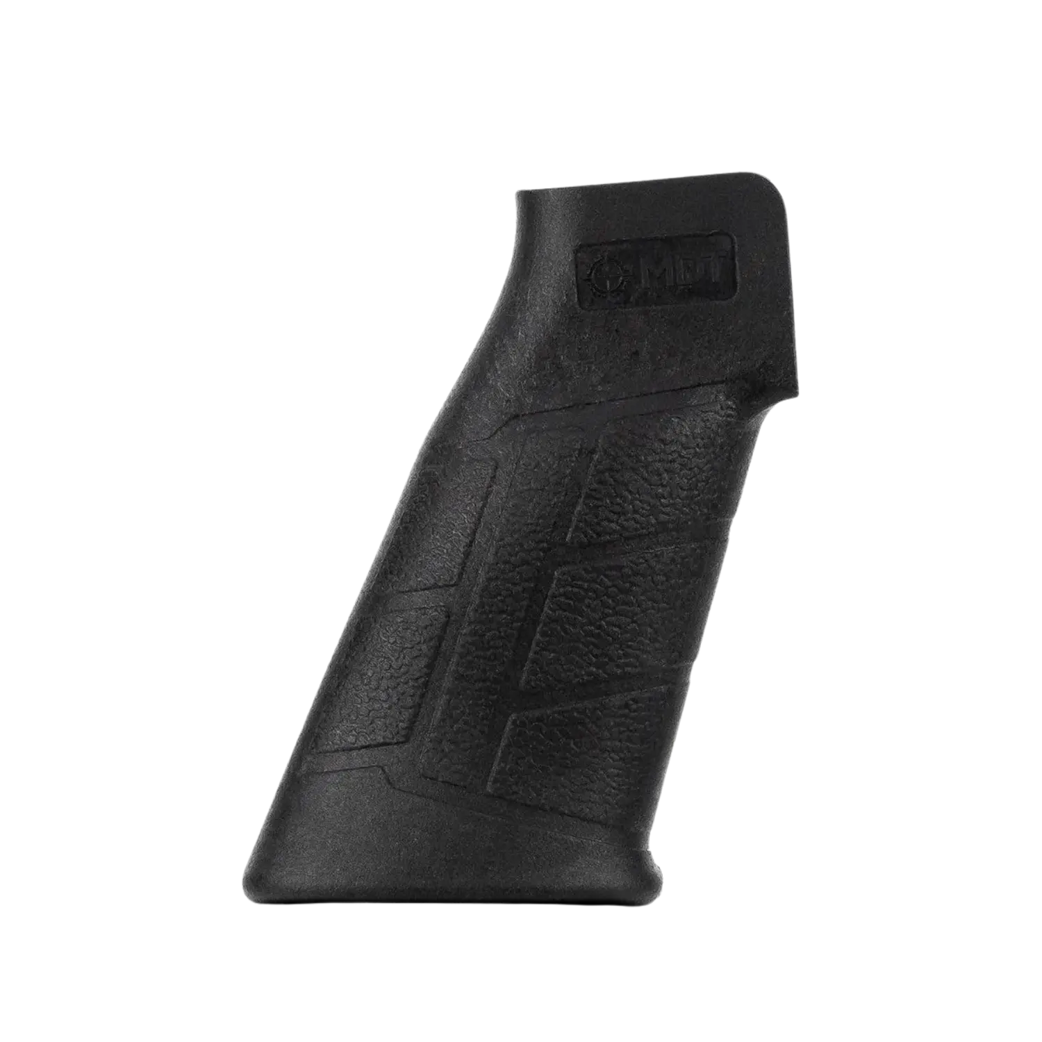Schwarzer Pistolengriff mit strukturierter Oberfläche und eingeprägtem 'MDT'-Logo oben rechts.