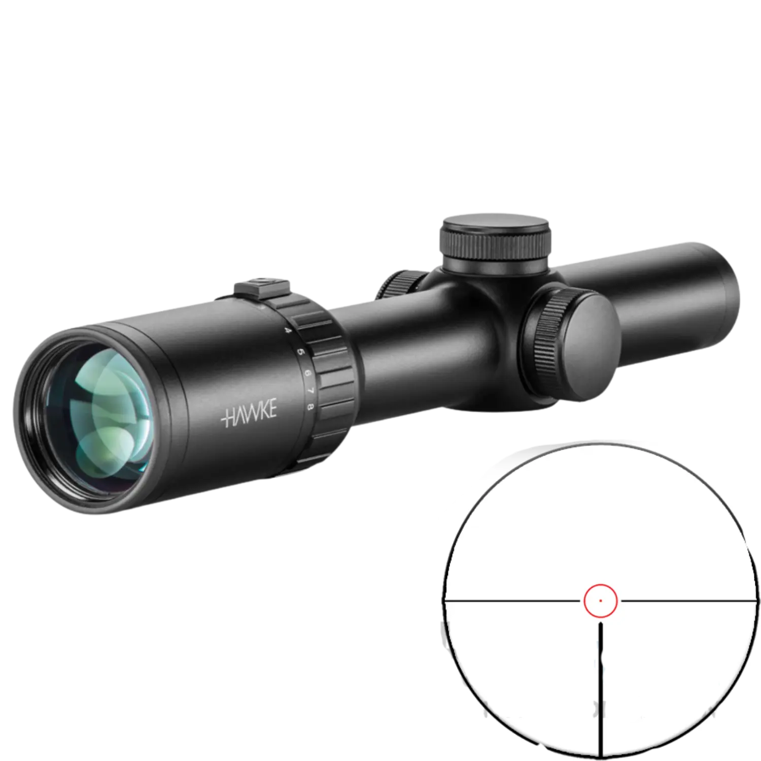 Hawke Vantage 30 WA 1-8x24 Circle Dot Hawke Zielfernrohr mit Präzisionsoptik und verstellbarem Fokussierungsring auf schwarzem Hintergrund.