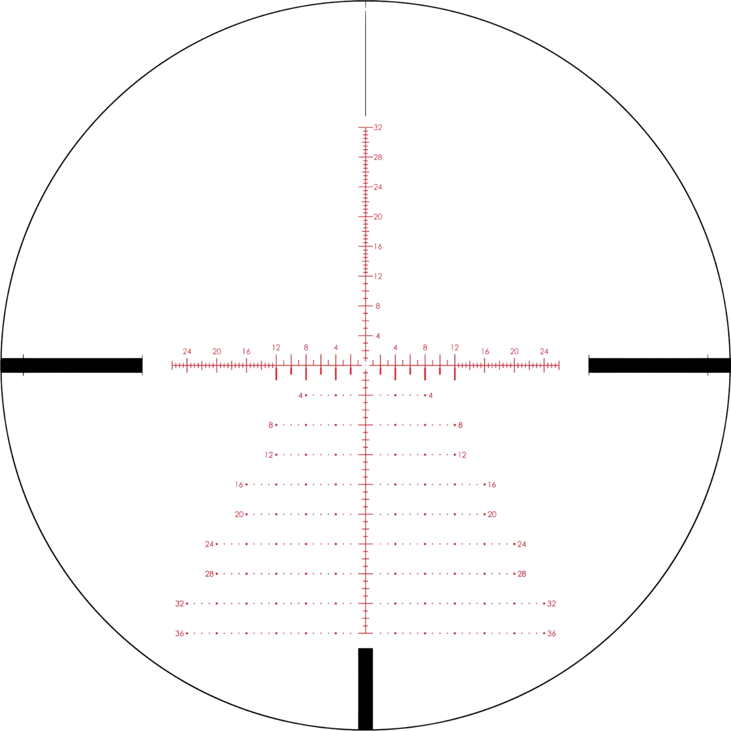 Abbildung des Absehen des Vortex Strike Eagle Zielfernrohrs 5-25x56 FFP EBR-7C MOA. Das Absehen zeigt rote Markierungen mit Zahlen von 0 bis 36 und feinen Linien zur Zielhilfe.