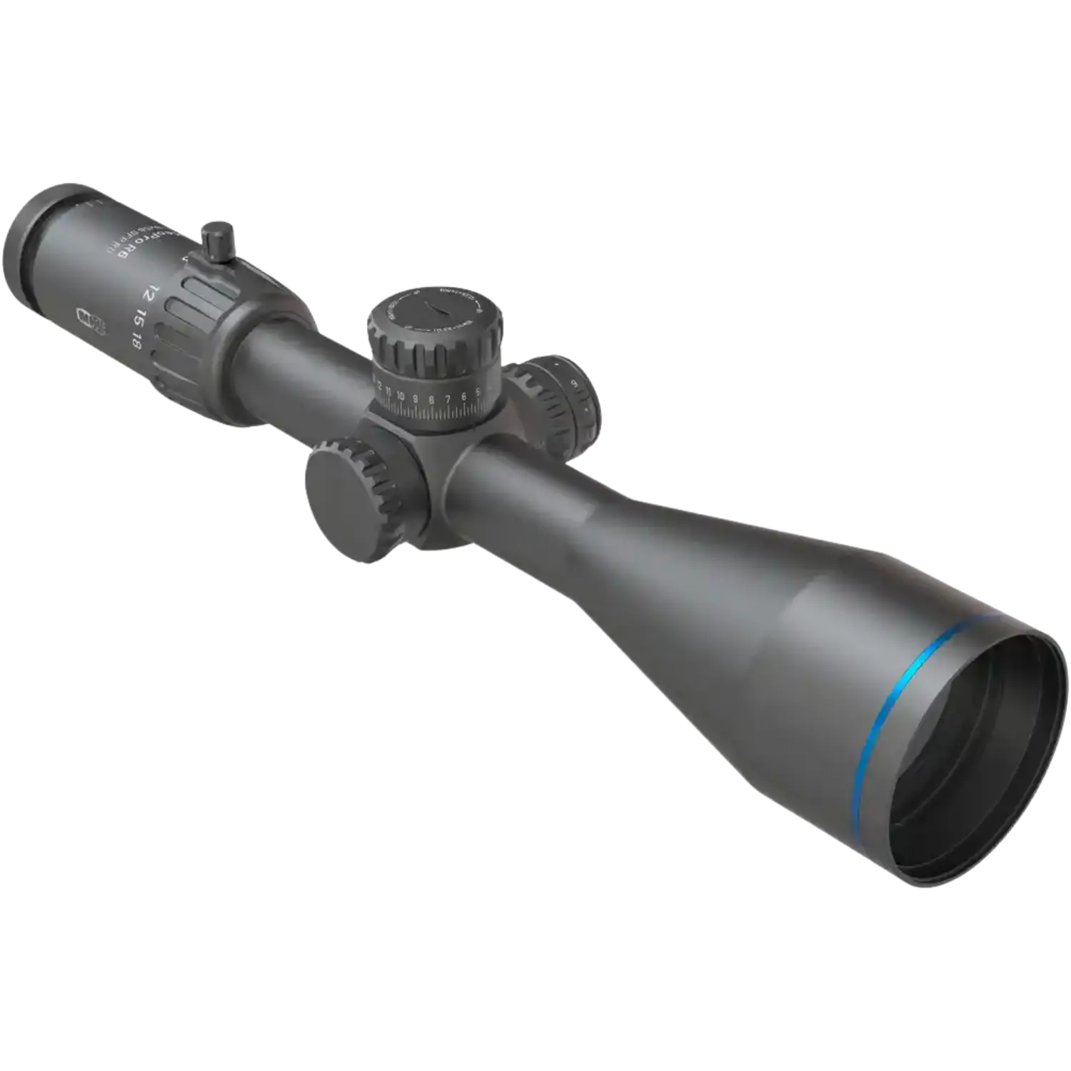 Schwarzes Zielfernrohr Meopta Meopro R6 3-18x56 SFP RD mit Vergrößerungs- und Einstelltürmen sowie blauem Ring am Objektiv