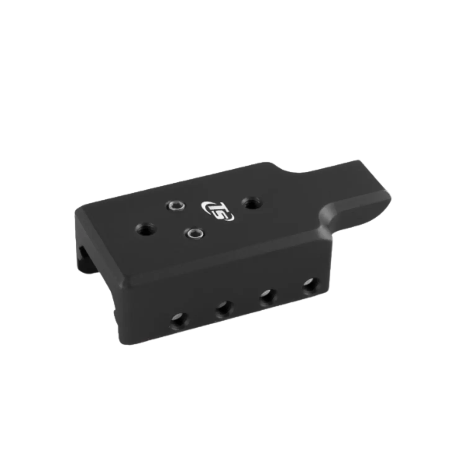 Schwarzes Aluminium-Laufgewicht von Toni System für Glock 17 mit mehreren Bohrungen und eingraviertem Logo.