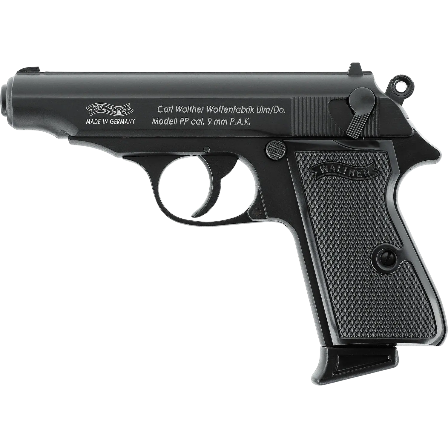 Walther PP, 9mm, schwarz, mit Griffschalen aus strukturiertem Material, seitliche Beschriftung 'Carl Walther Waffenfabrik Ulm/Do. Modell PP cal. 9 mm P.A.K.'