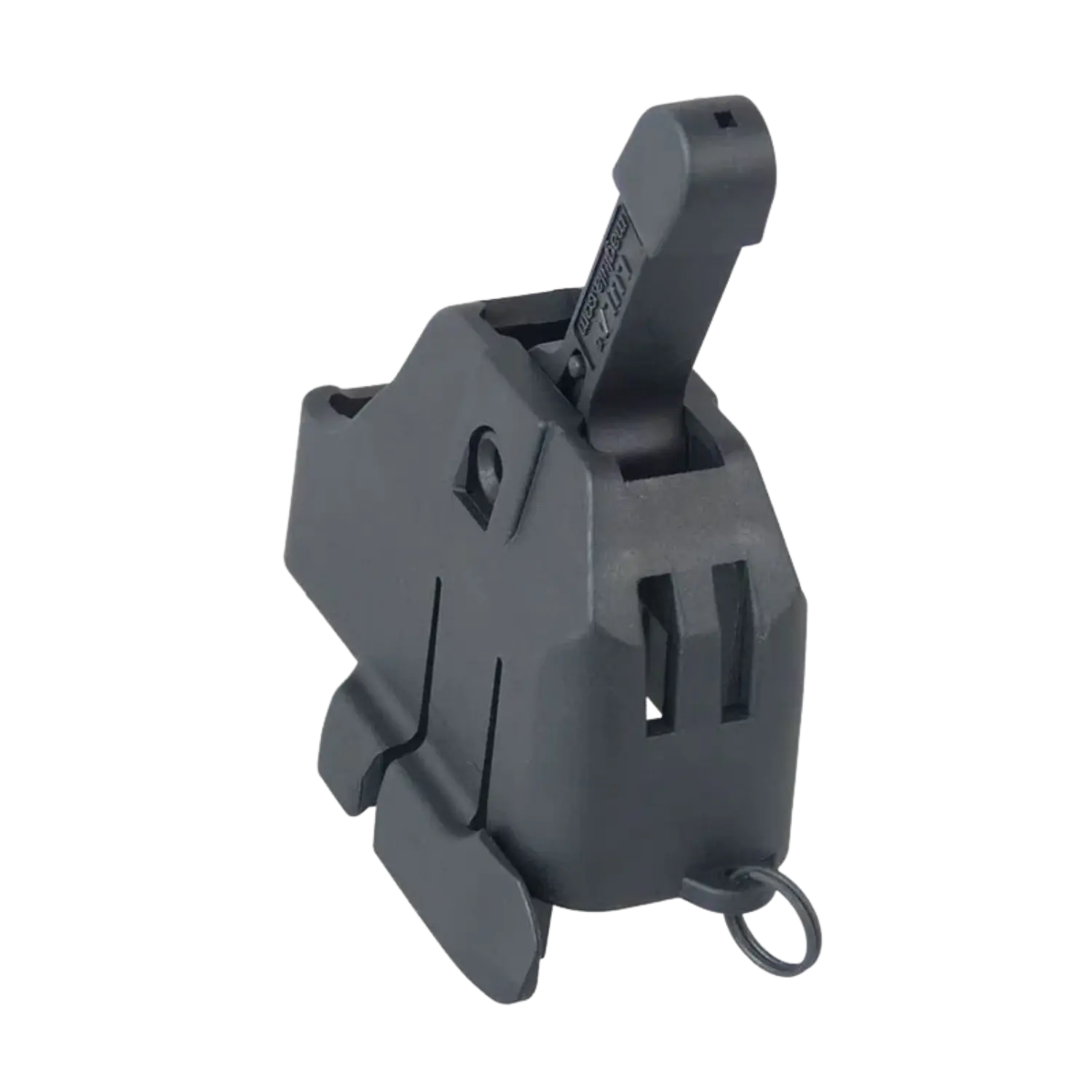 Schwarze Magazinladehilfe Maglula Lula für AR15 Kaliber 5.56/.223 aus Kunststoff mit Hebel und Befestigungsring