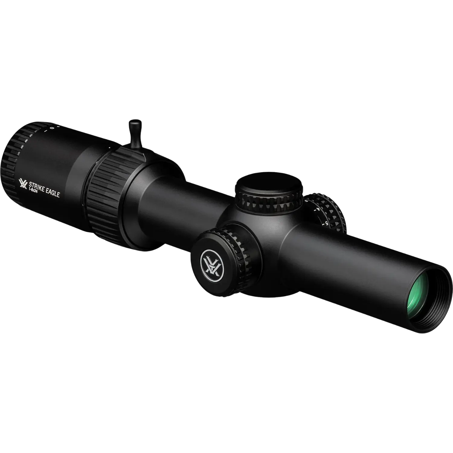 Vortex Strike Eagle Zielfernrohr 1-8x24 SFP, schwarzes Gehäuse, einstellbare Vergrößerung, zwei verstellbare Rädchen, grüne Linse.
