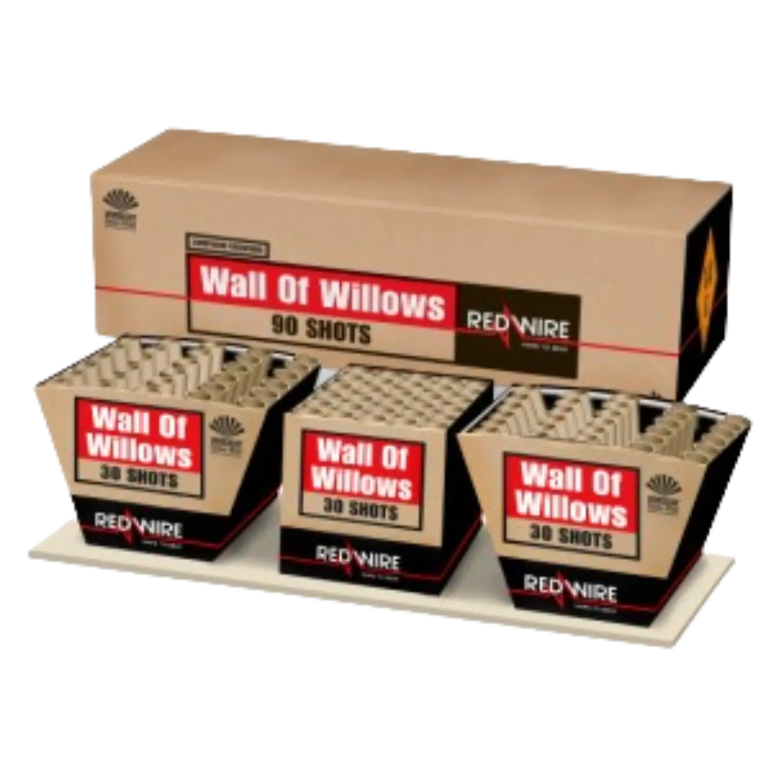 Verbundfeuerwerk 'Wall of Willows' von RedWire, bestehend aus drei Feuerwerkskörpern mit 30 Schüssen, auf einer weißen Plattform.