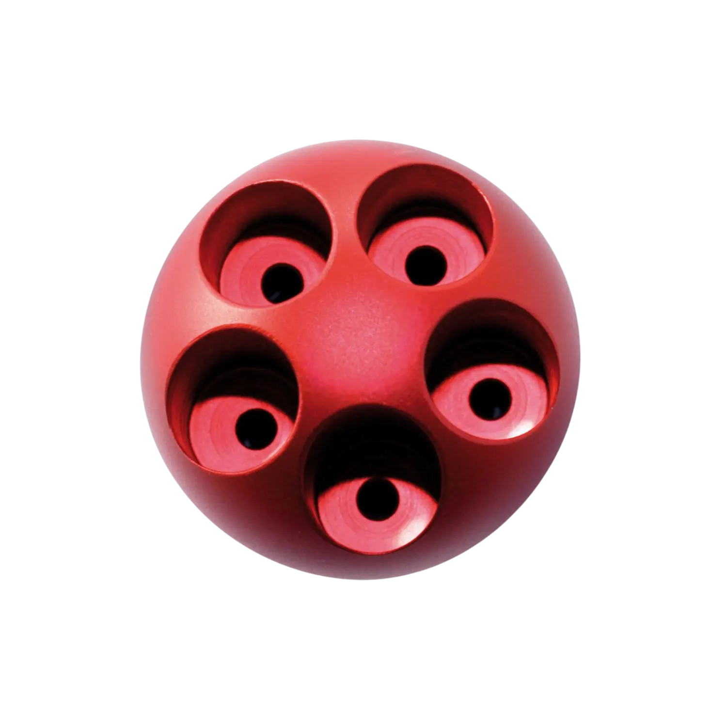 Runder Pyro Launcher in Rot mit fünf Öffnungen, die gleichmäßig um die Mitte angeordnet sind. Die Oberfläche ist glatt und glänzend.