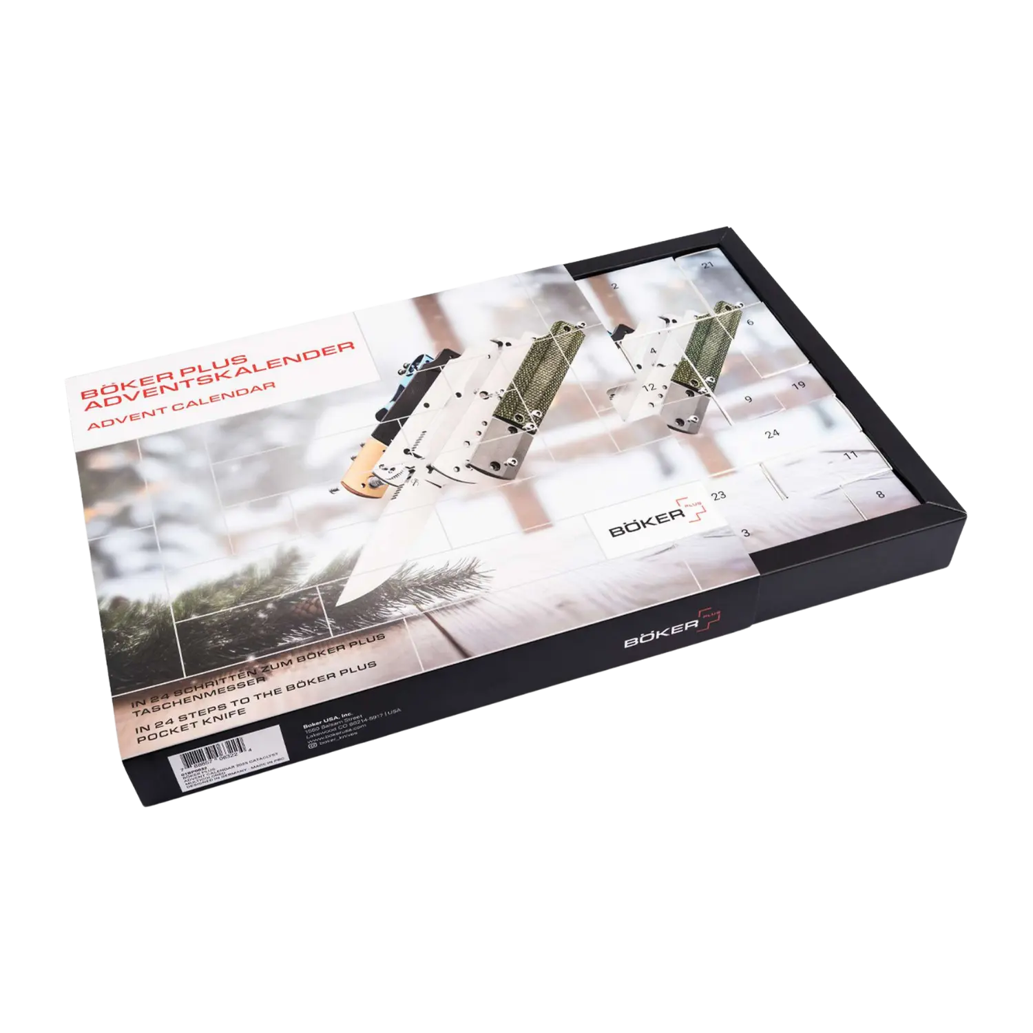Schwarze leicht geöffnete Schachtel mit Abbildungen von drei Taschenmessern und der Aufschrift 'Böker Plus Adventskalender' in Rot und Schwarz.