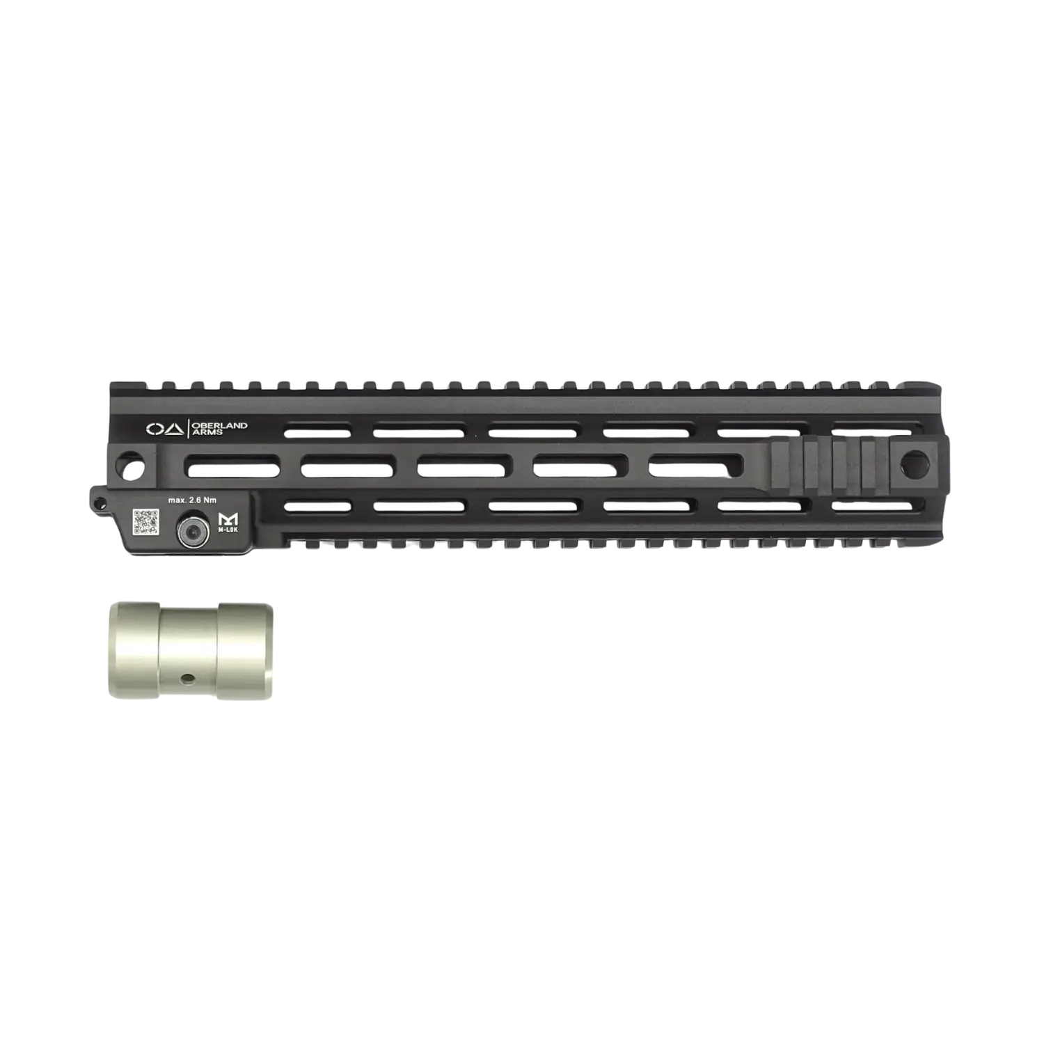 OA Modular Duty Rail Handschutz mit M-LOK- und Picatinny-Schienen, länglich mit Schlitzen, daneben ein zylindrisches Metallteil.