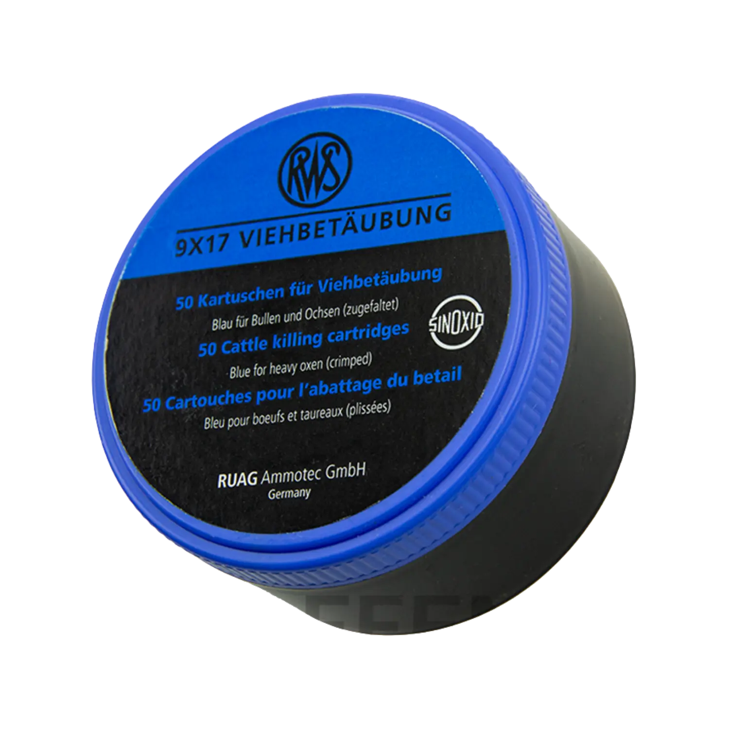 Runde Dose mit blauem Deckel, Aufschrift '9X17 VIEHBETÄUBUNG', enthält 50 blaue Kartuschen für Viehbetäubung von RUAG Ammotec GmbH