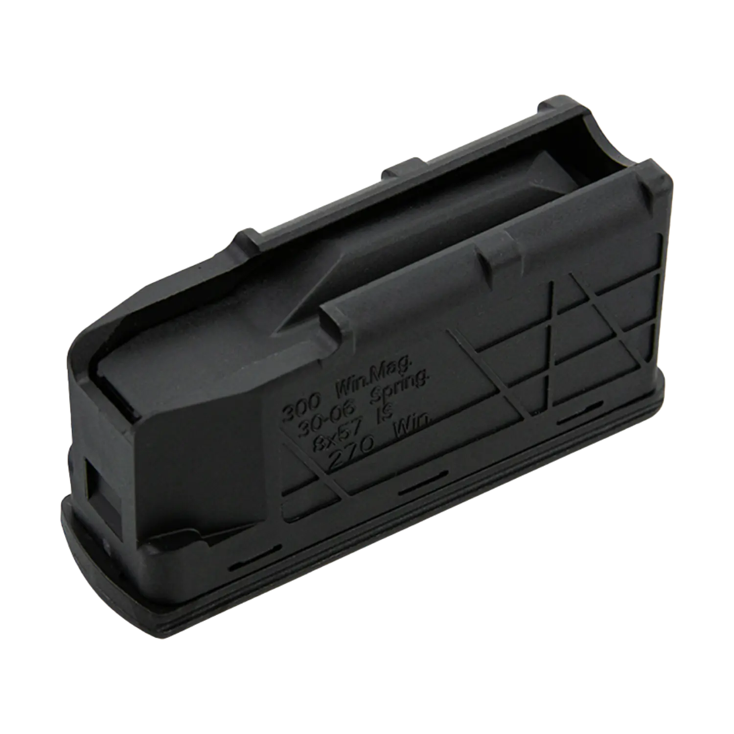 CZ 600 Magazin 5 Schuss .30-06 Sprg. / 8x57 IS / 300 Win. Mag. Schwarzes Magazin für Gewehre, mit eingeprägten Informationen: '300 WinMag', '30-06 Spring', '5x5', 'Z10 Win'.