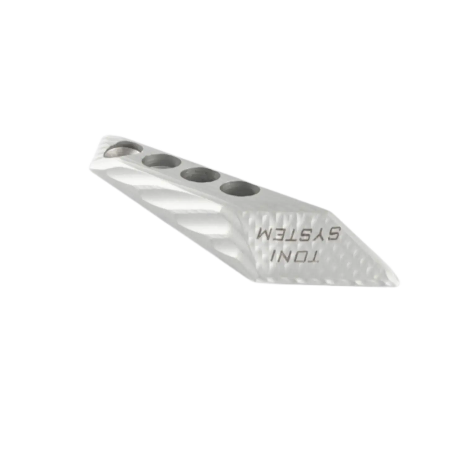 Toni System 3D Thumb Rest für Linkshand-Schützen Silber Metallisches, spitz zulaufendes Werkzeug mit fünf runden Löchern und der Prägung 'TONI SYSTEM'.