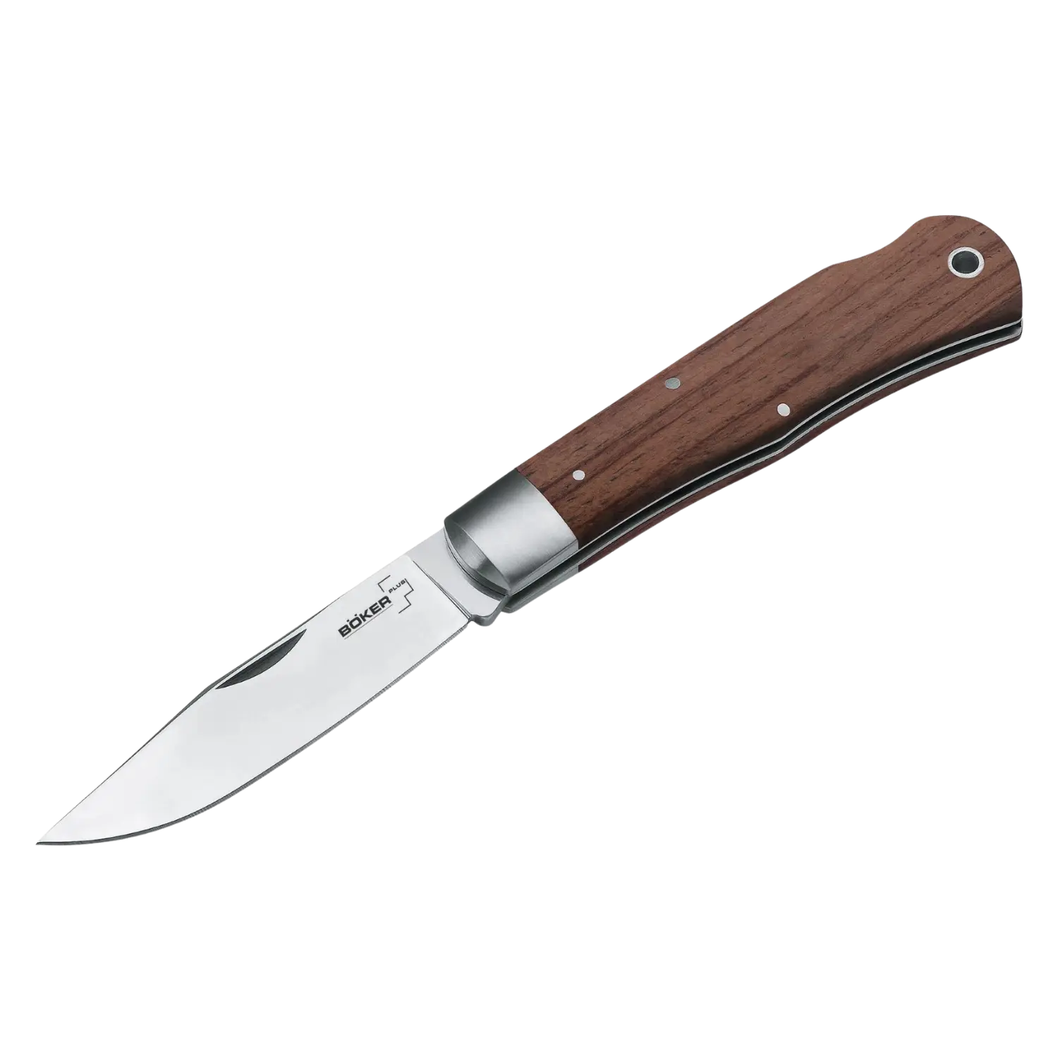 Produktbild eines Böker Plus Lockback Bubinga 440C Klappmessers mit scharfer Klinge und ergonomischem Griff aus dunklem Holz