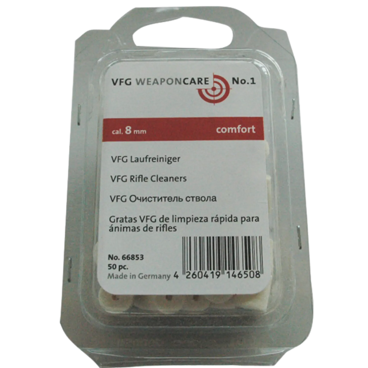VFG Laufreiniger comfort Kal. 8mm 50St. Transparente Kunststoffverpackung mit VFG Laufreinigern für Kaliber 8 mm, Aufschrift in mehreren Sprachen, Barcode und Hinweis 'Made in Germany'.