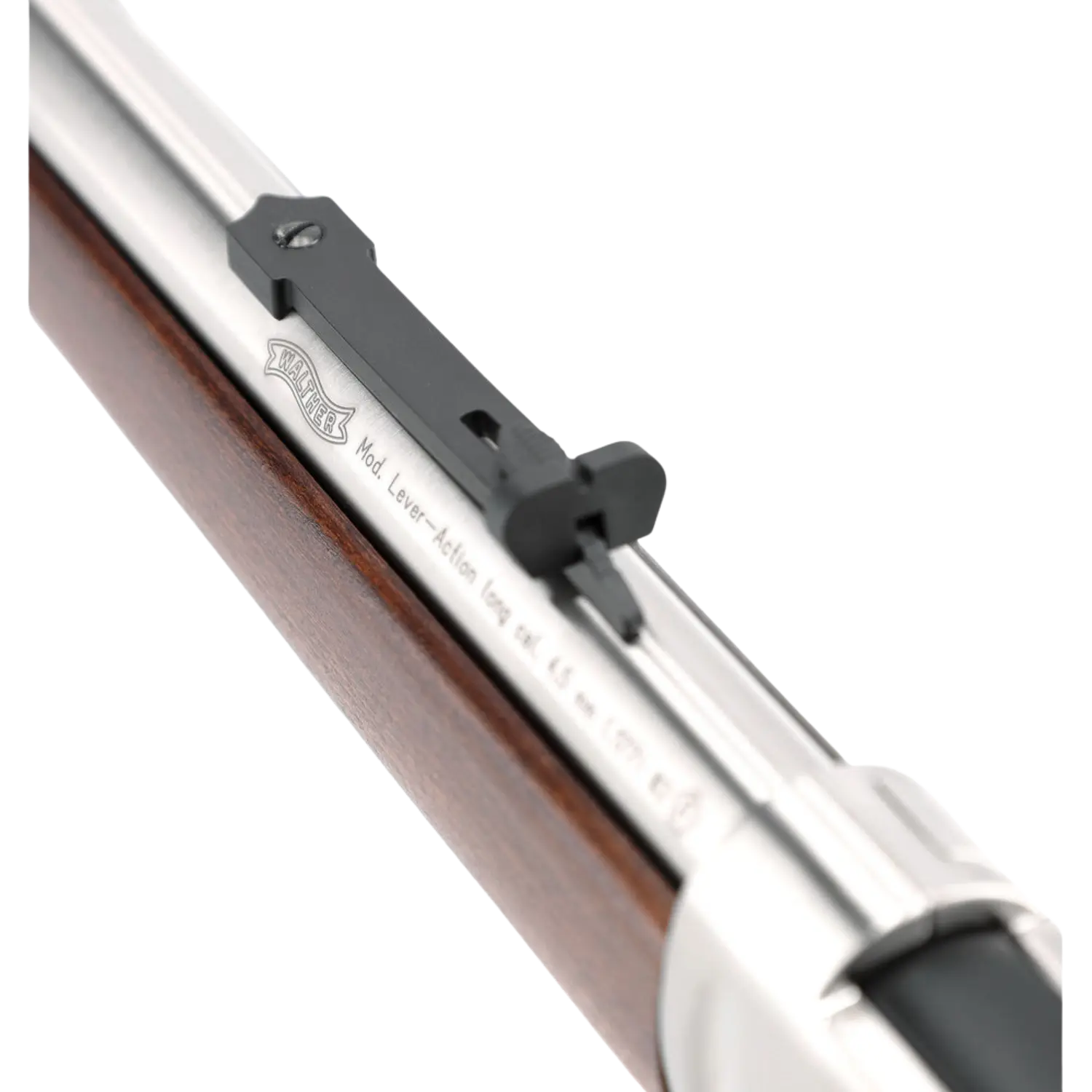 Visier einer Walther Lever Action Langwaffe mit schwarzem Einstellhebel auf silbernem Lauf und braunem Holzschaft.
