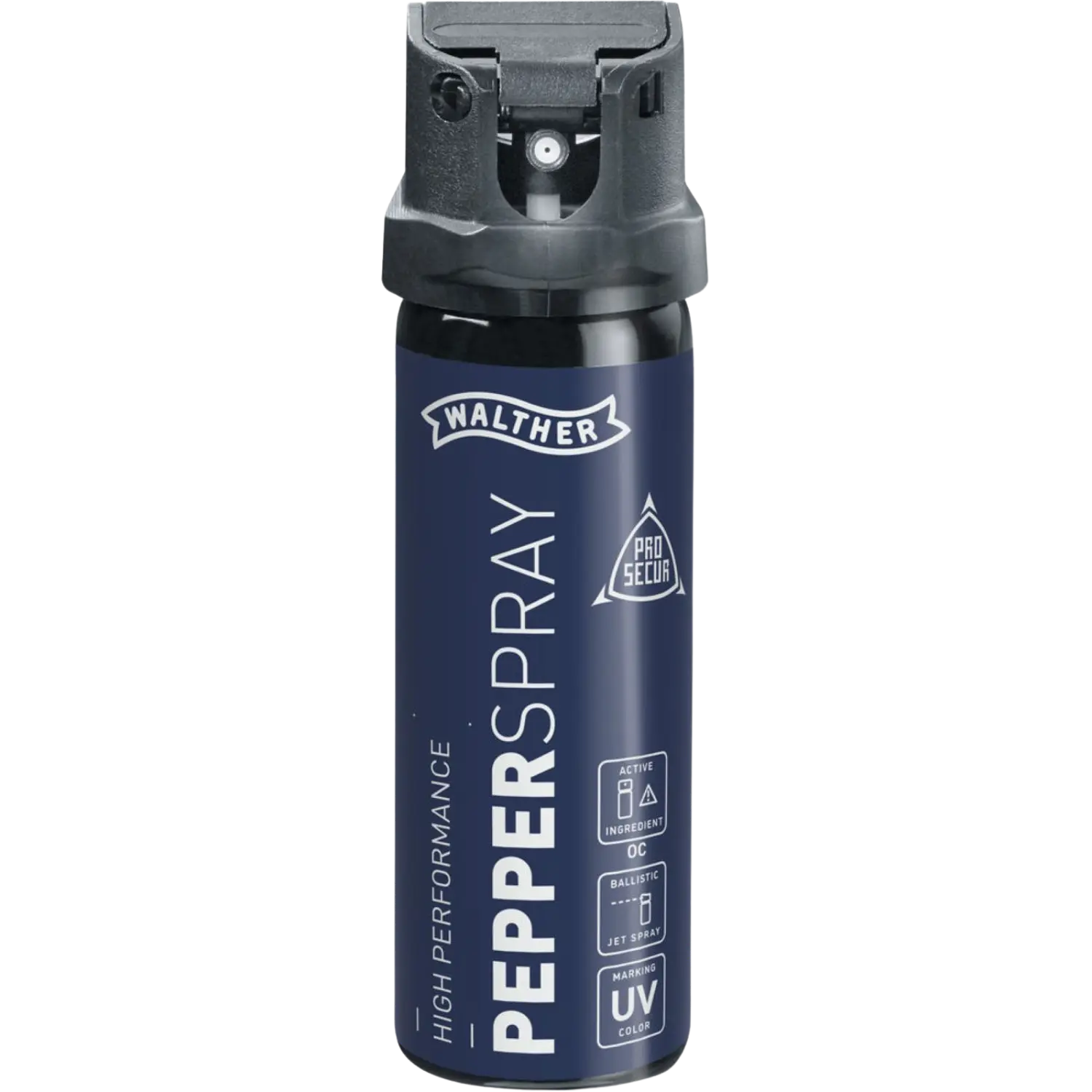 Walther Pro Secura Pfefferspray, 74 ml, schwarzer Sprühbehälter mit grauem Sprühkopf, sichtbarer Text 'PEPPERSPRAY' und 'HIGH PERFORMANCE'.