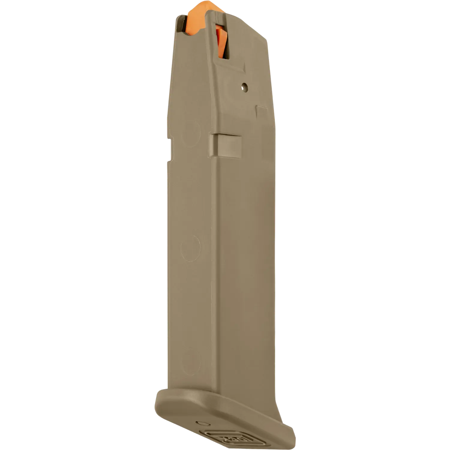 Coyote-farbenes Magazin für Glock 17 Gen5 Schreckschusswaffe mit orangefarbenem Follower, rechte Seitenansicht.