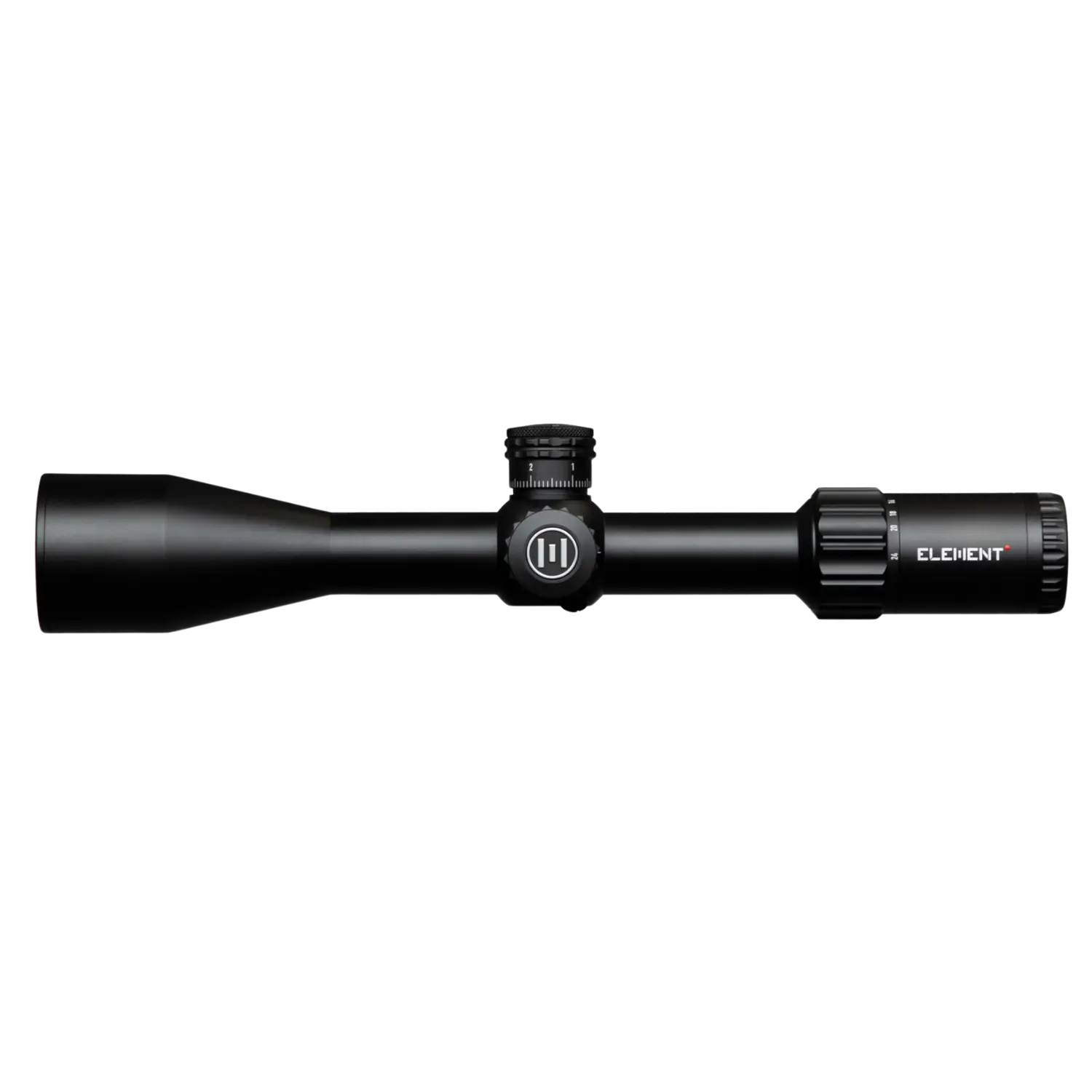 Element Optics Zielfernrohr Helix 6-24x50 APR-1C MOA FFP Schwarzfarbiges Zielfernrohr von Element mit einem langen, schlanken Körper, einem verstellbaren Okular und einem großen Objektiv. Auf der Seite befindet sich ein Drehknopf.