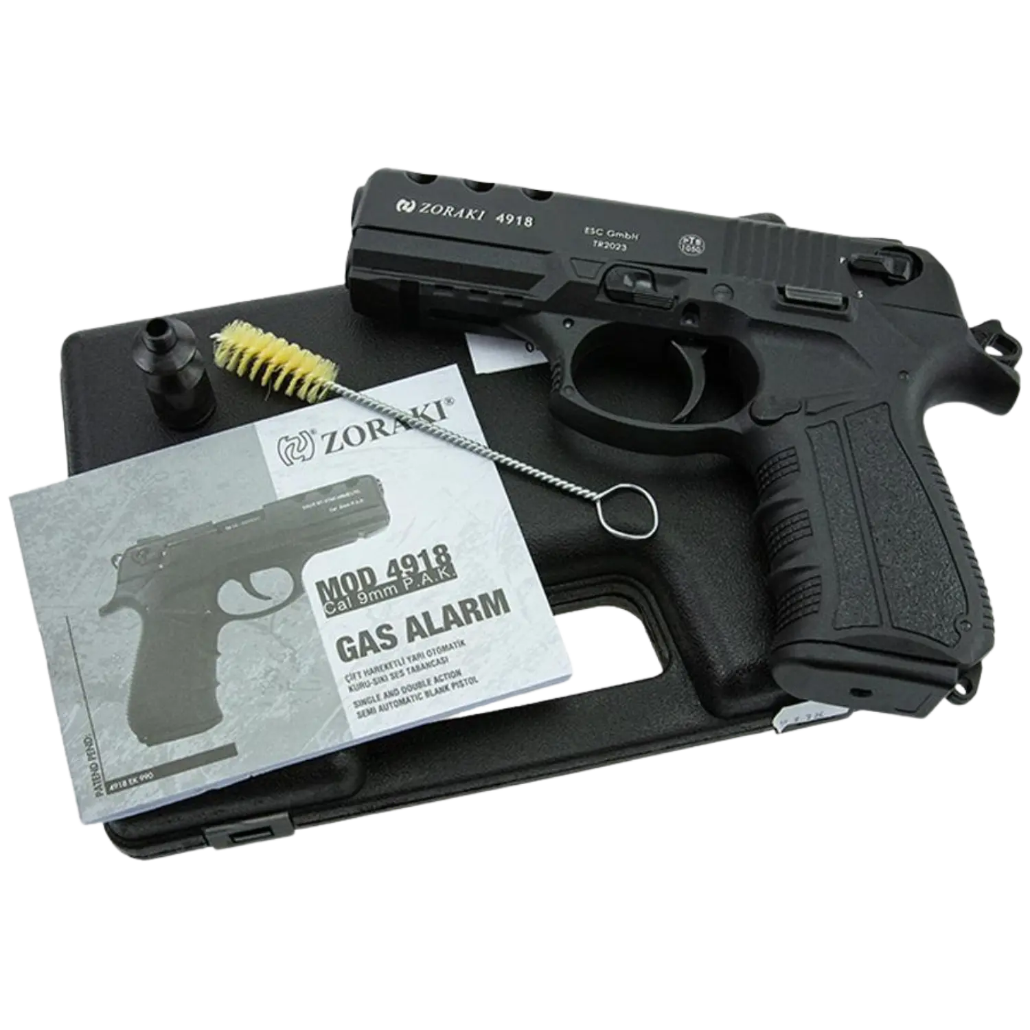 Zoraki 4918 Schreckschusspistole schwarz Kaliber 9mm P.A.K. Schreckschusspistole Zoraki 4918 in Schwarz mit Reinigungsbürste und Bedienungsanleitung auf schwarzer Kunststoffbox.
