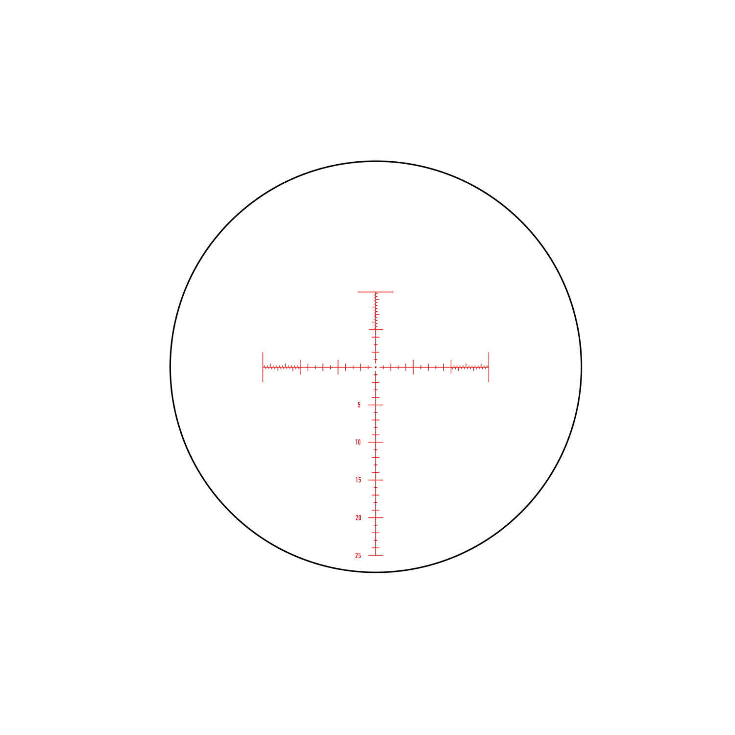 Rotes Absehen mit vertikaler und horizontaler Skala, umgeben von einem weißen Kreis auf schwarzem Hintergrund.