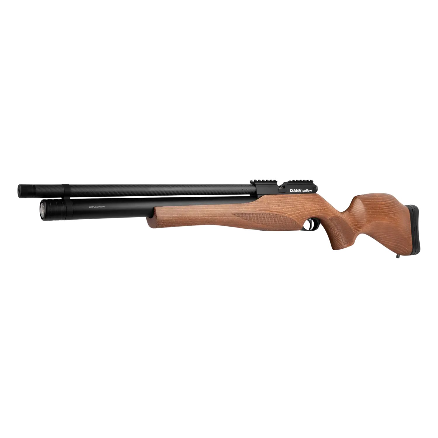 Diana Outlaw Gen2 Luftgewehr mit Holzschaft, zwei schwarze Luftbehälter, rechteckiger Abzug, glatte Oberfläche.