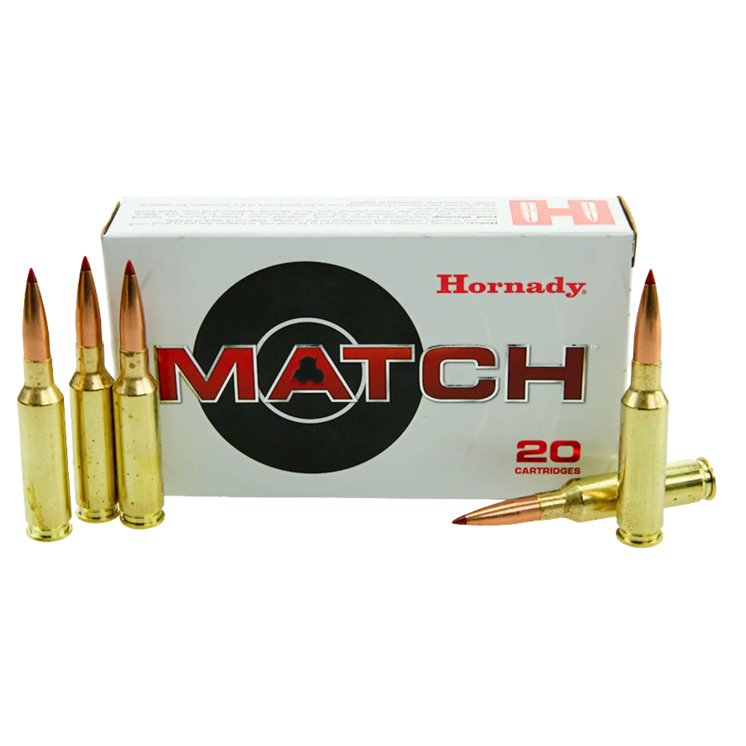 Eine Packung Hornady MATCH mit 20 Patronen, umgeben von fünf sichtbaren Patronen mit goldfarbenem Hülsen und roten Geschossen.