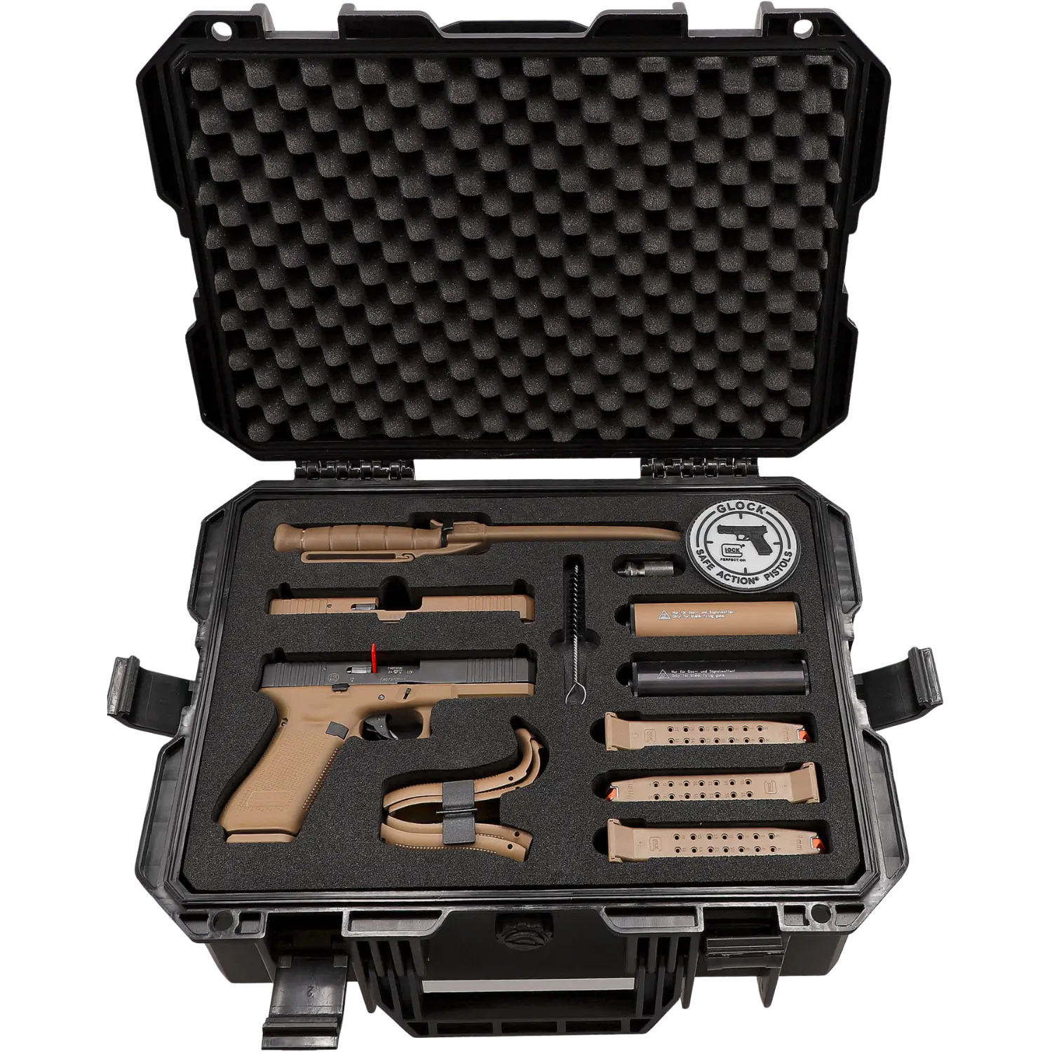 Offener schwarzer Koffer mit Schaumstoffeinlage, darin GLOCK 17 Gen5 9mm in Coyote-Farbe und viel Zubehör.