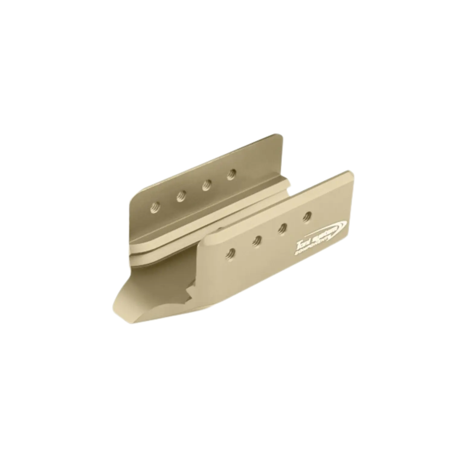 Toni System Aluminium Laufgewicht für CZ Shadow 2 Sand Beige-farbener Metallwinkel mit mehreren Bohrlöchern und aufgedrucktem Logo, vermutlich ein Bauteil für Laufgewicht.