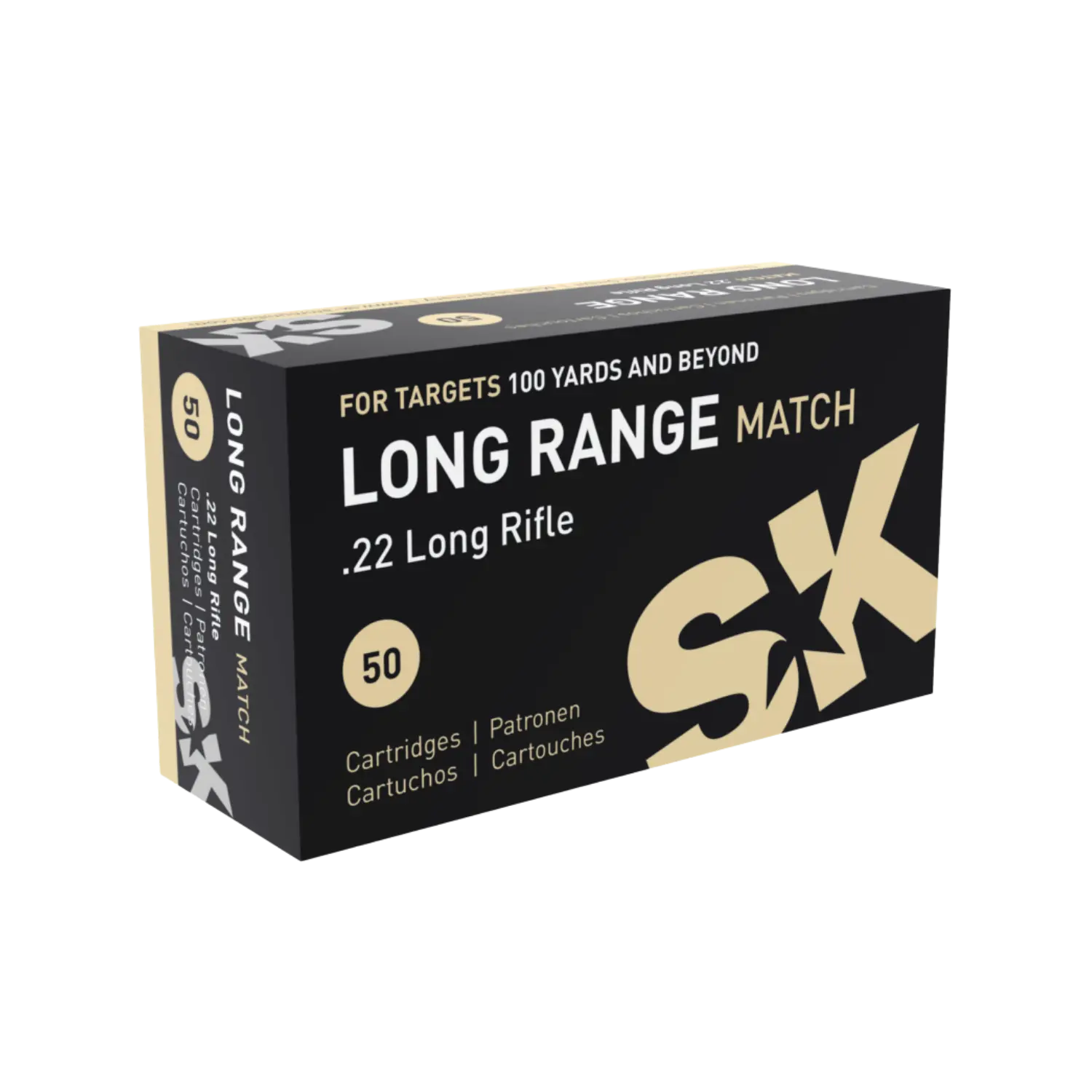 Schwarze Munitionsverpackung mit beiger Schrift Kaliber .22lr SK Long Range