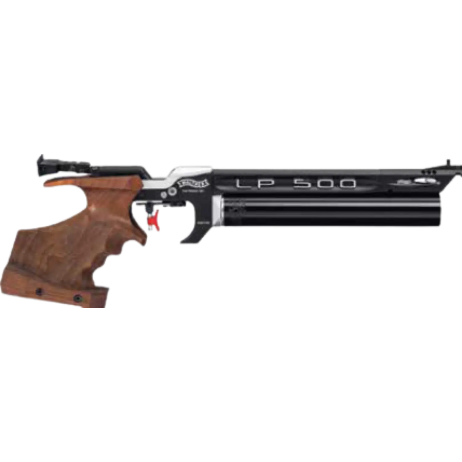 Walther LP 500 Luftpistole mit elektronischem Abzug und 3D-Nussbaumgriff in Seitenansicht