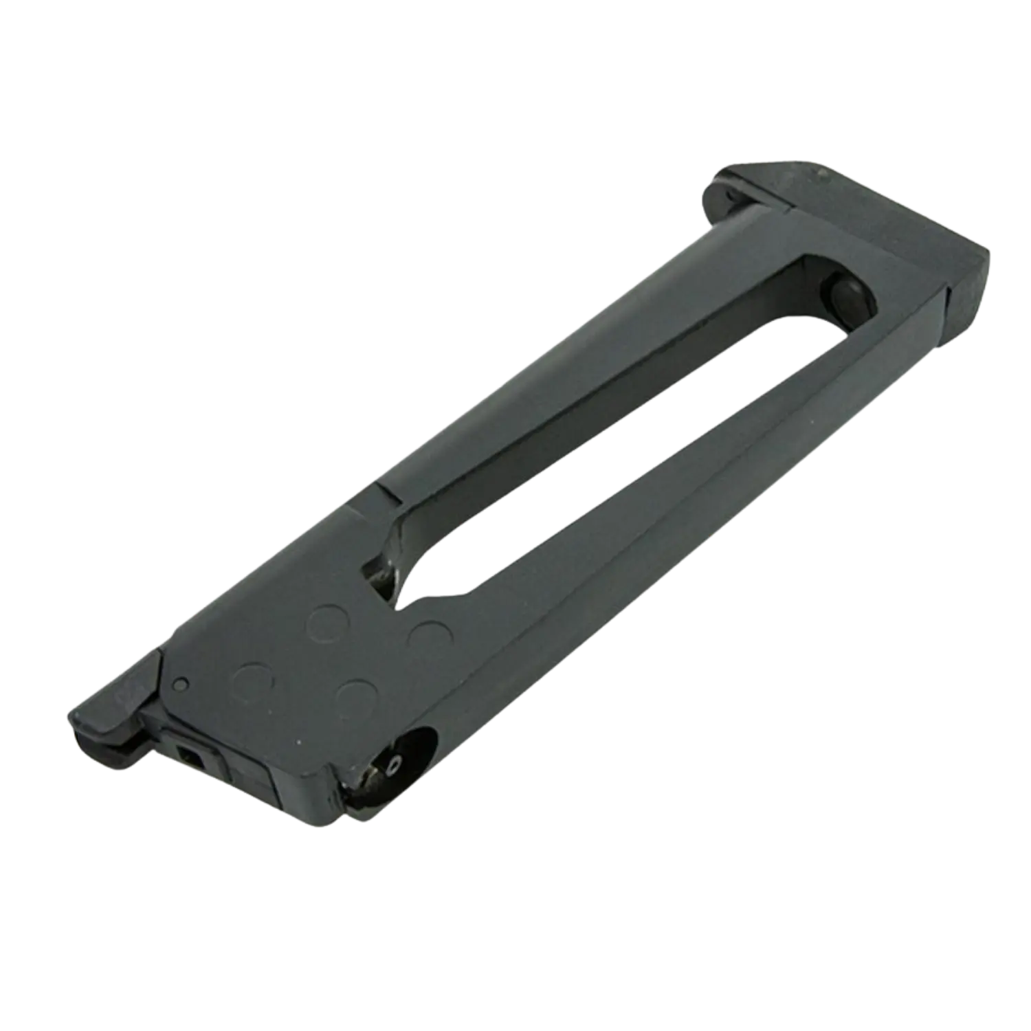 Schwarzes CO2-Magazin für die Colt M45 A CQBP, rechteckige Form mit Aussparungen und einem runden Ende.