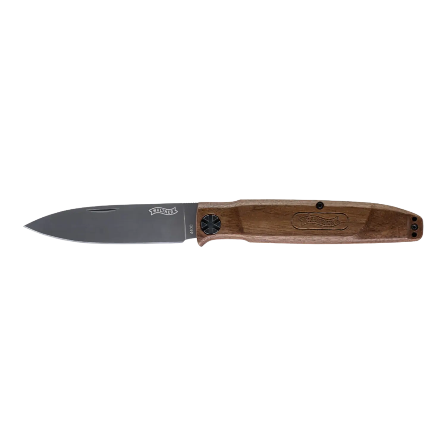 BWK5 Taschenmesser Blue Wood Knife 440C Stahl inkl. Lederholster Walther BWK5, Klappmesser mit einer schmalen, grauen Klinge und einem Griff aus Holz mit eingraviertem Logo. Der Griff hat eine schwarze Schraube und eine Öffnung für einen Clip.