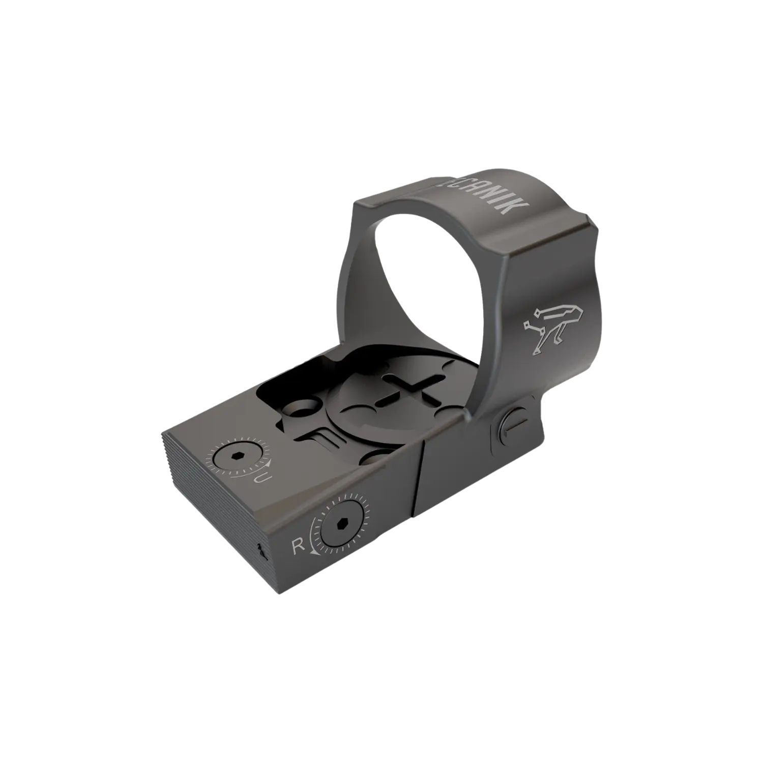 MECANIK MO3 Reflex Sight mit 6 MOA Schwarzes Mecanik MO3 Red Dot-Visier mit Einstellrädern und Logo auf der Seite.